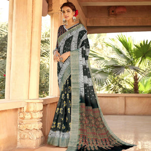 Arresting Bottle Green Colored Digital Printed Festive Wear Linen Designer Saree - Peachmode