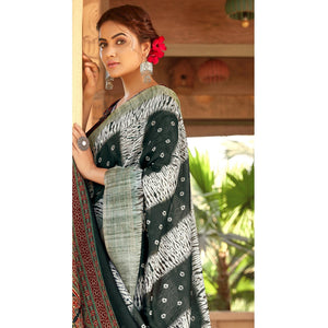 Arresting Bottle Green Colored Digital Printed Festive Wear Linen Designer Saree - Peachmode