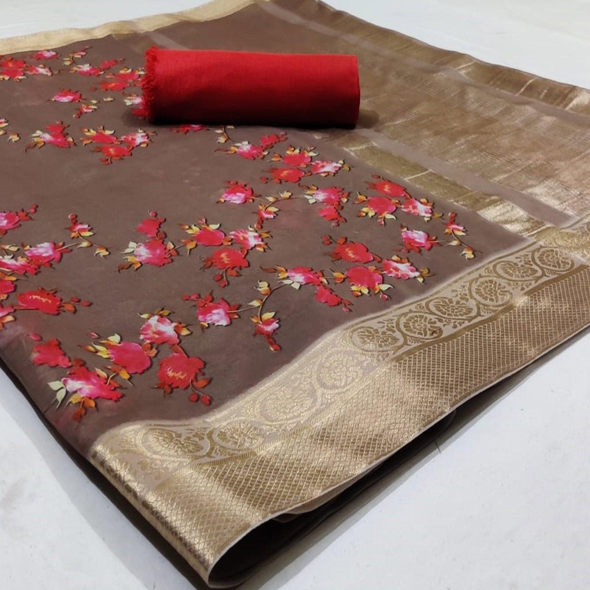 Arresting Brown Colored Festive Wear Beautiful Floral Printed Organza Jacquard Silk Saree - Peachmode