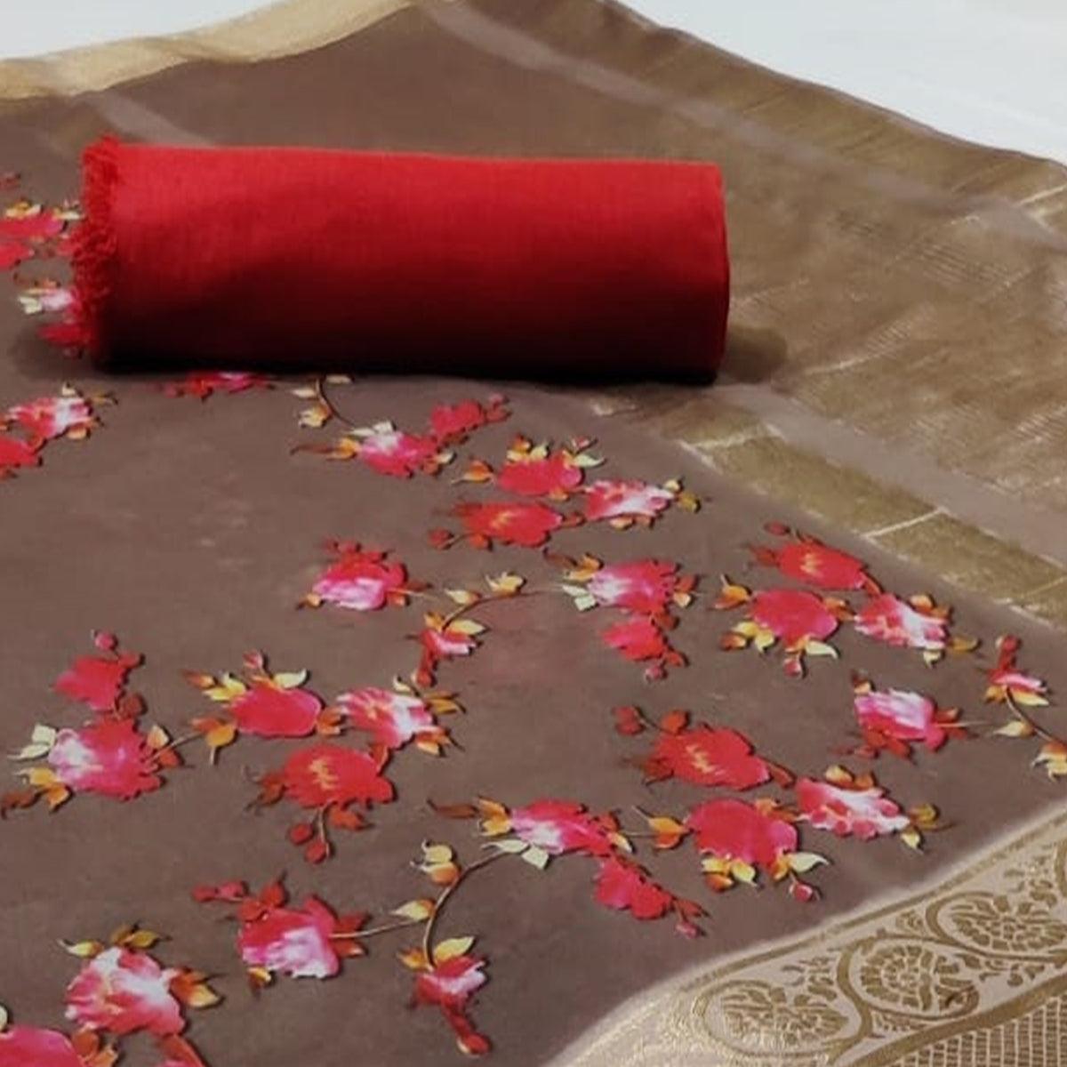 Arresting Brown Colored Festive Wear Beautiful Floral Printed Organza Jacquard Silk Saree - Peachmode