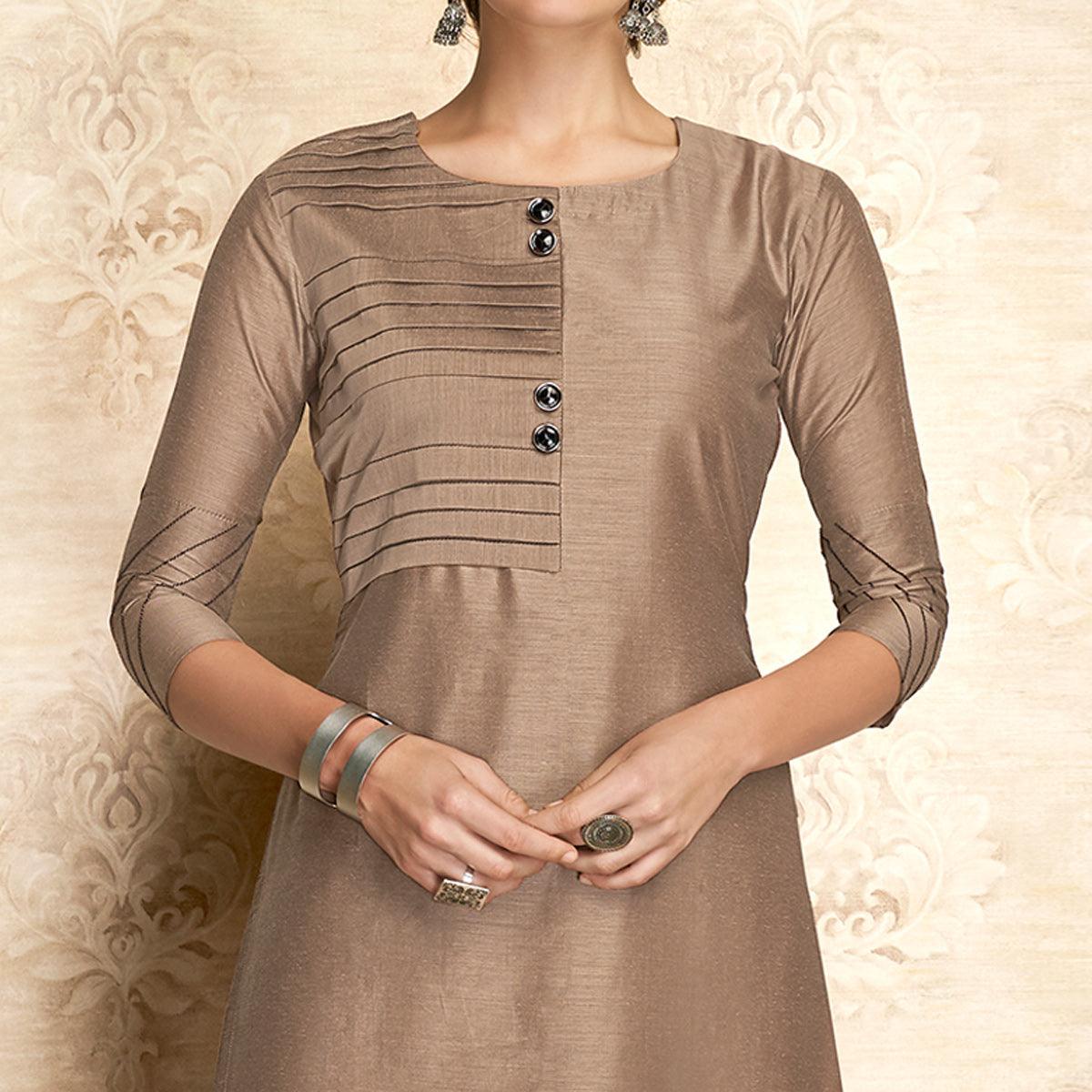 Arresting Brown Colored Partywear Embroidered Viscose Kurti - Peachmode