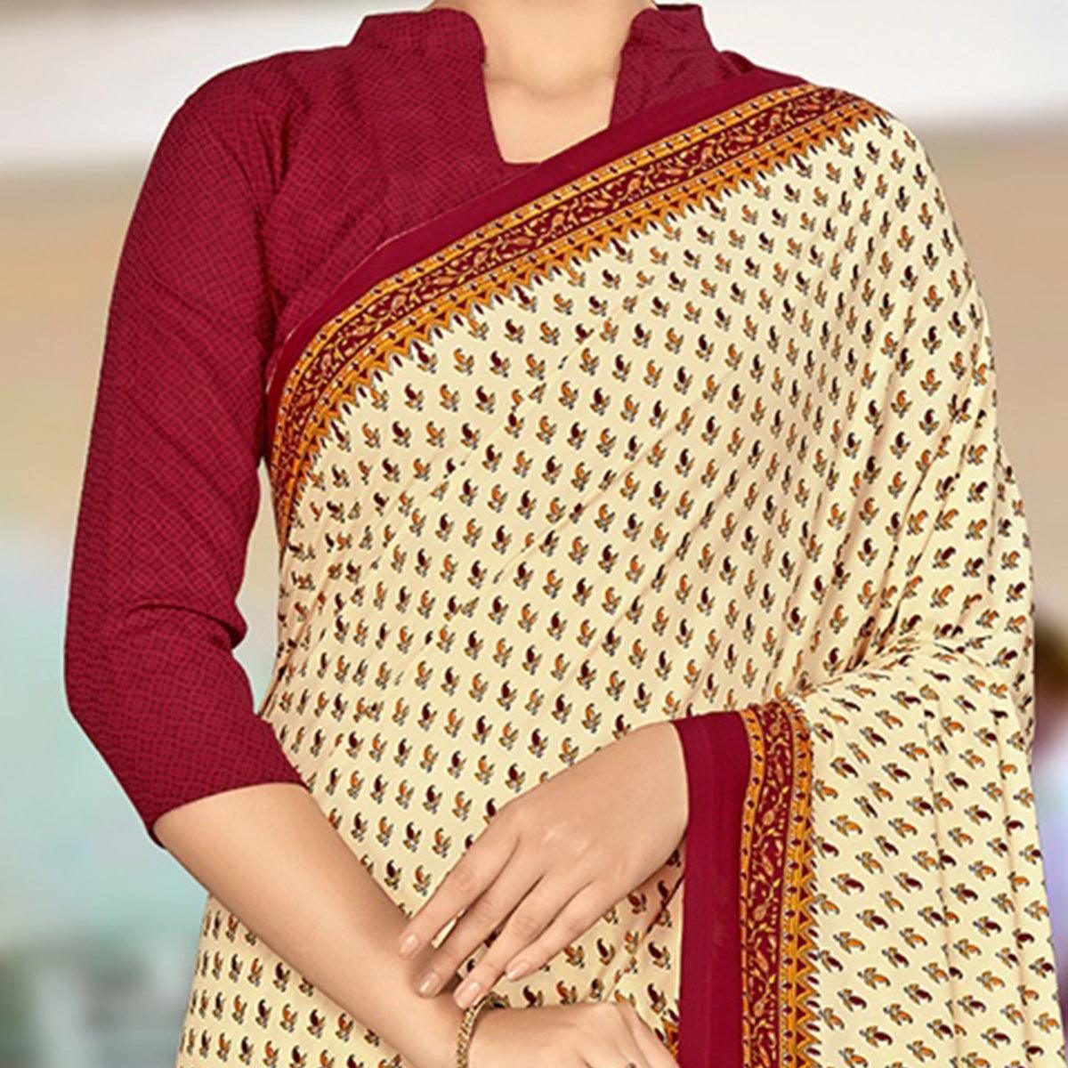 Arresting Cream Coloured Casual Wear Printed Crepe Saree - Peachmode