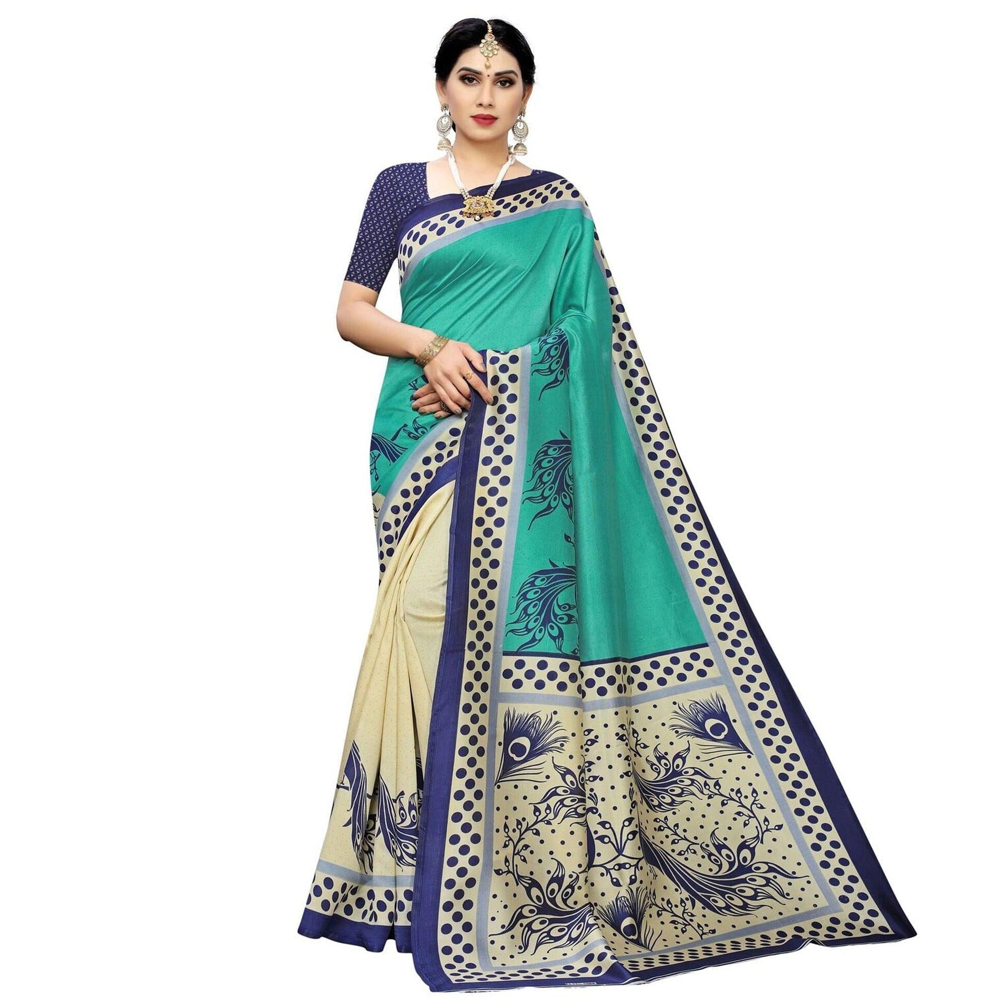 Arresting Cream-Green Colored Casual Printed Art Silk Saree - Peachmode