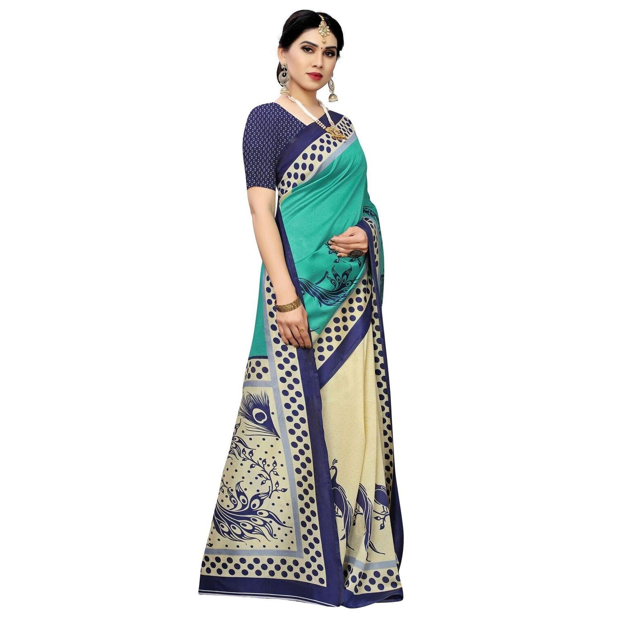Arresting Cream-Green Colored Casual Printed Art Silk Saree - Peachmode