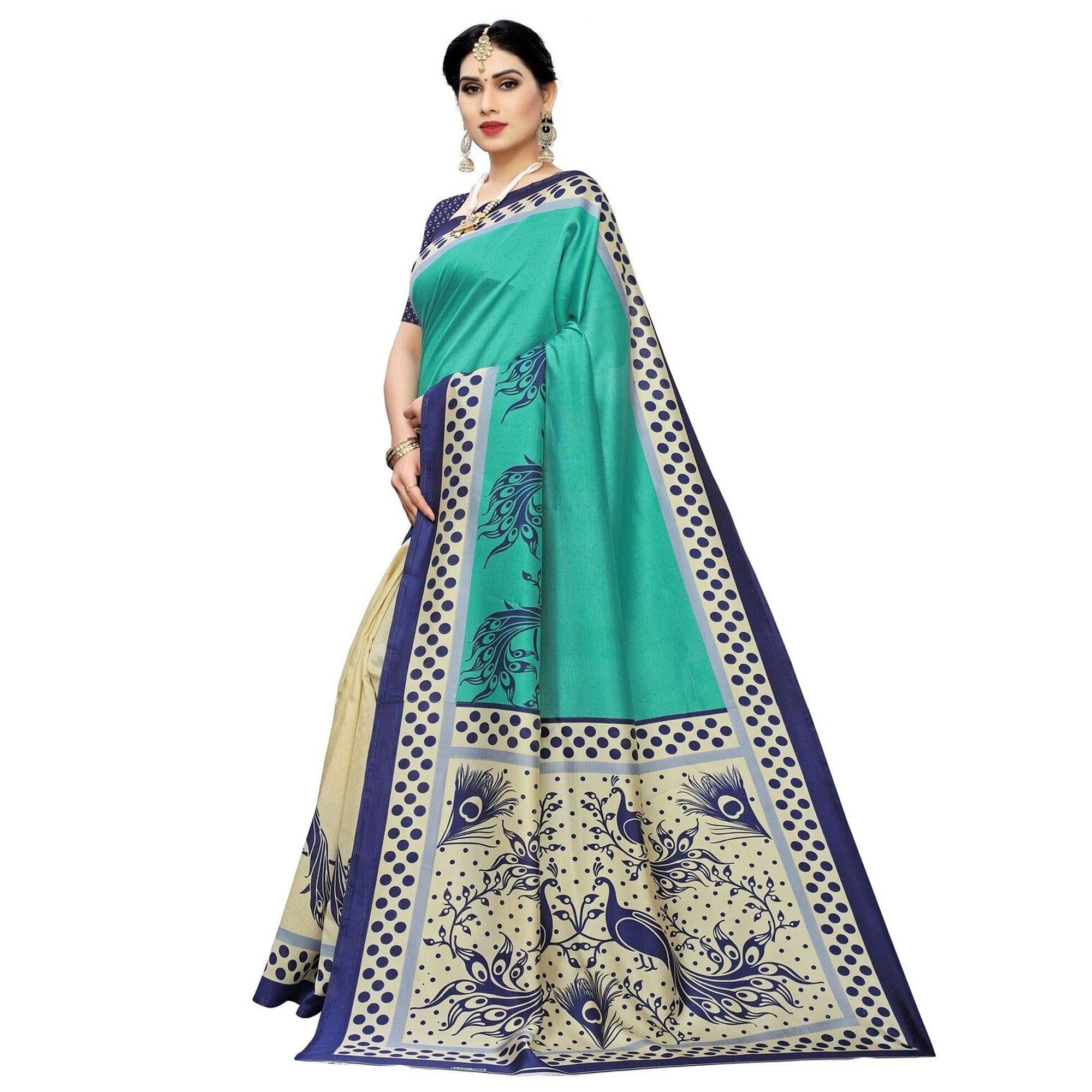 Arresting Cream-Green Colored Casual Printed Art Silk Saree - Peachmode