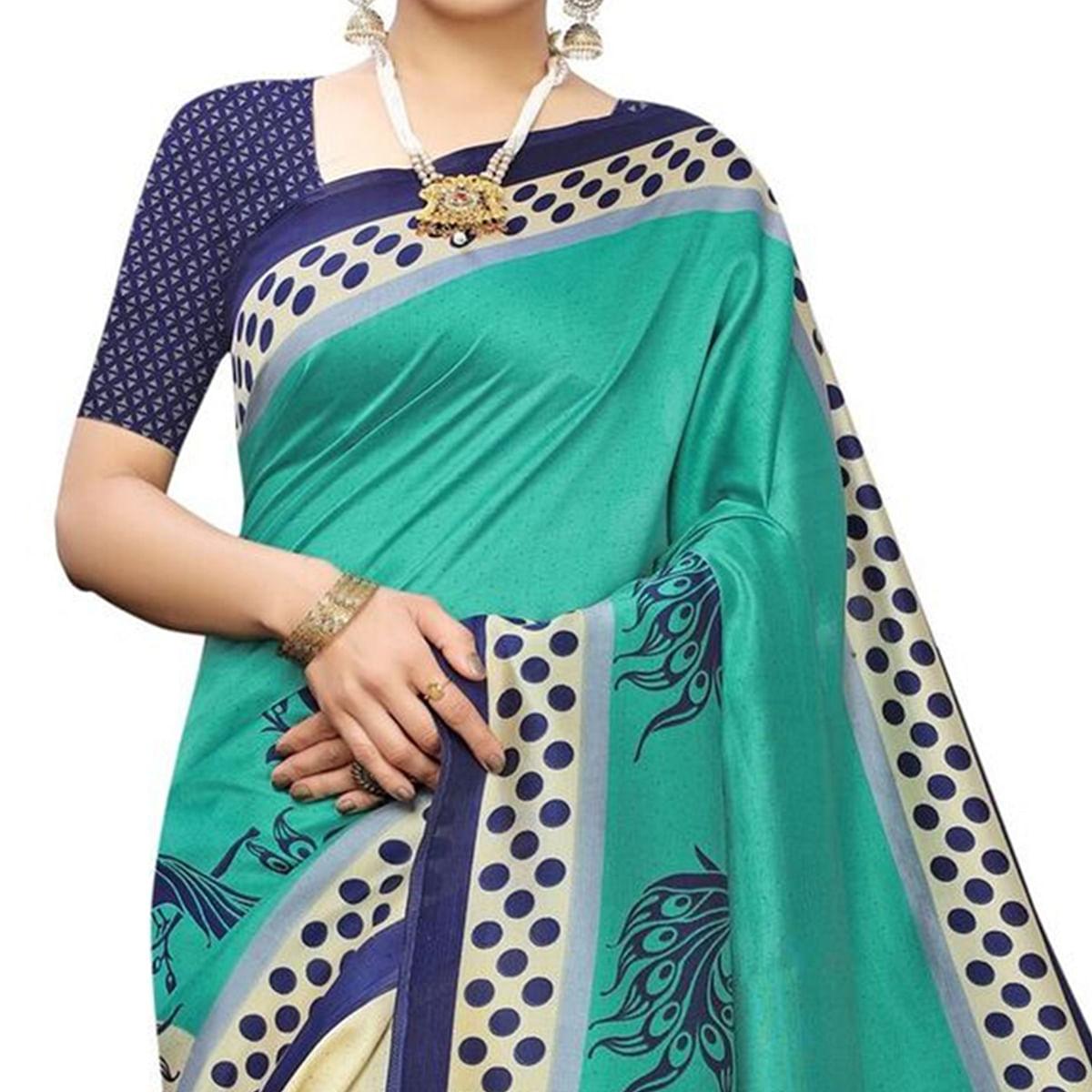 Arresting Cream-Green Colored Casual Printed Art Silk Saree - Peachmode