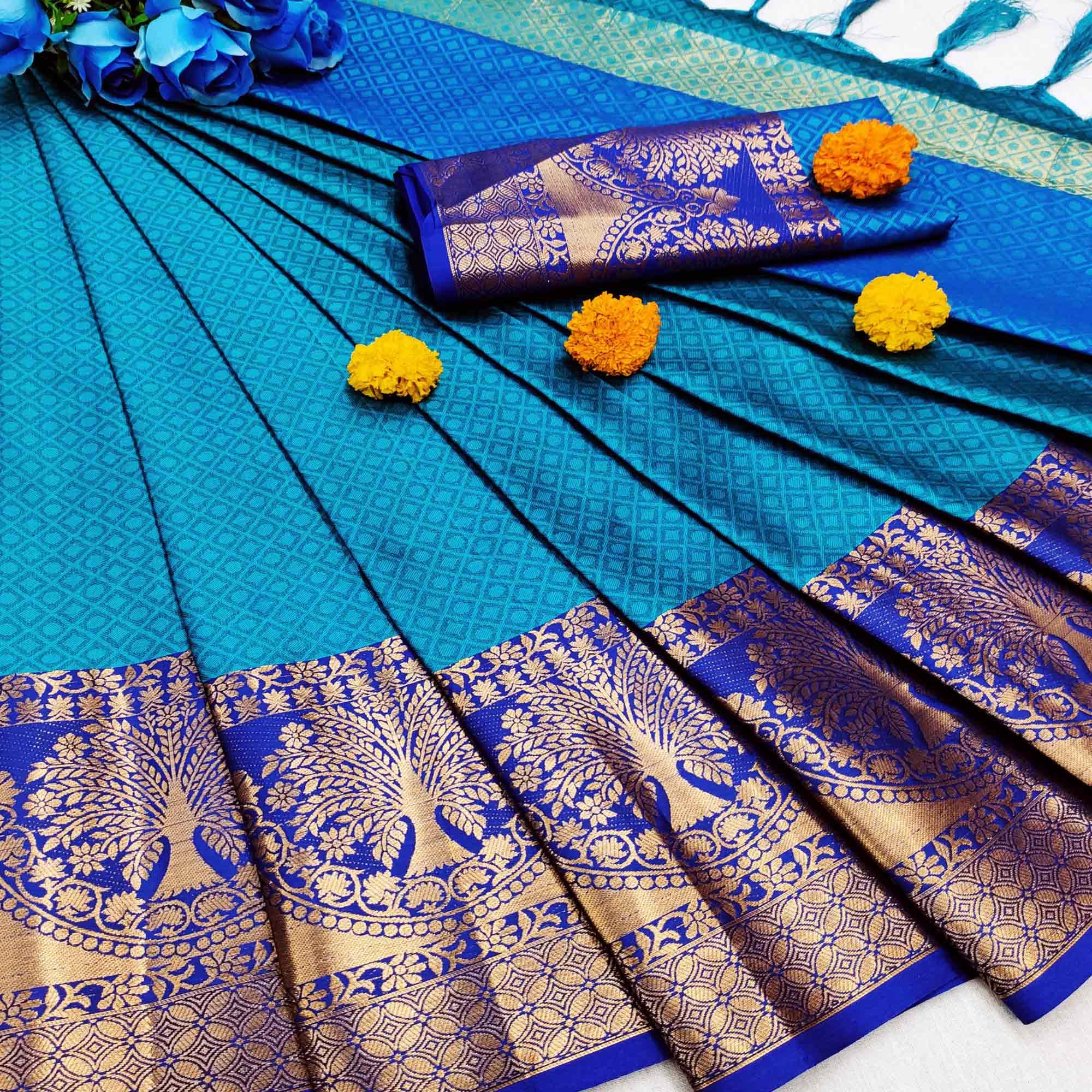 Arresting Ferozi Colored Festive Wear Woven Cotton Silk Saree - Peachmode