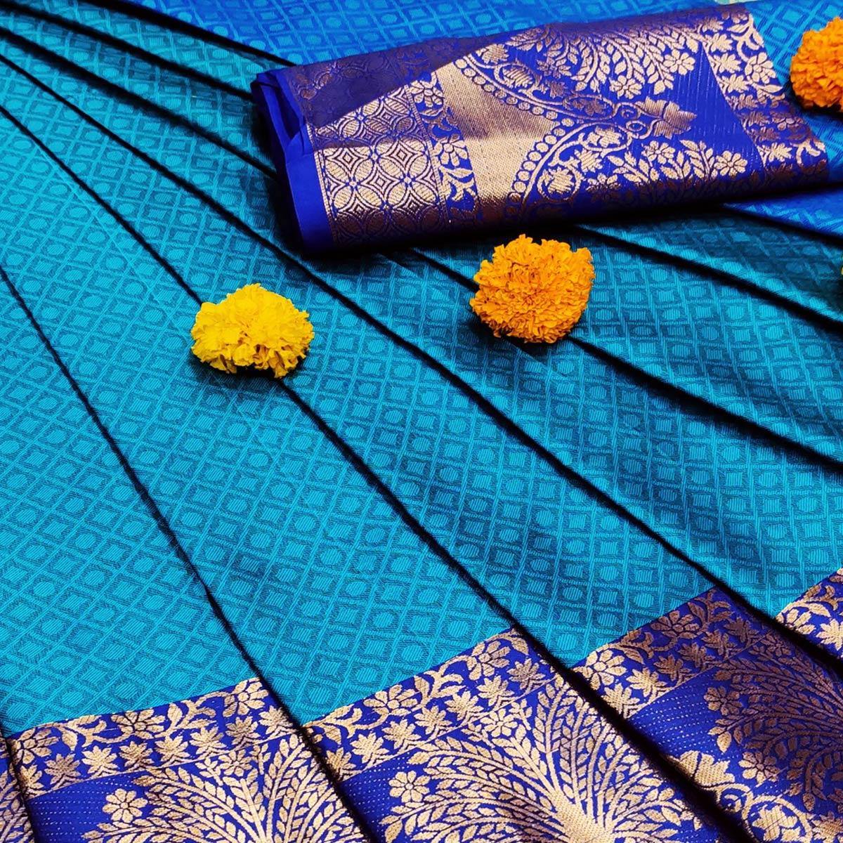 Arresting Ferozi Colored Festive Wear Woven Cotton Silk Saree - Peachmode