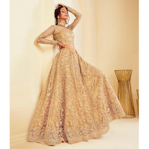 Arresting Golden Coloured Wedding Wear Cording Embroidered Net Lehenga Choli - Peachmode