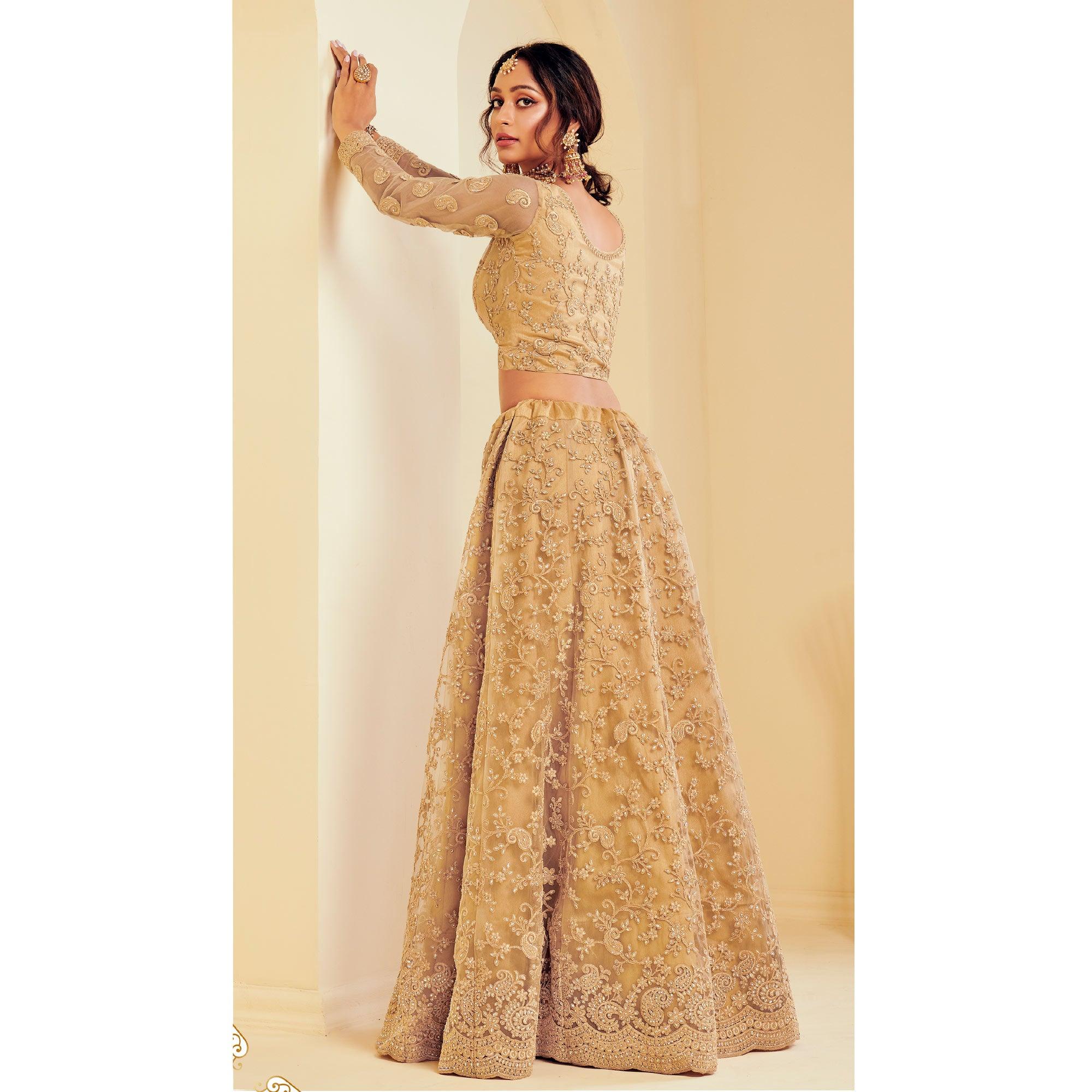 Arresting Golden Coloured Wedding Wear Cording Embroidered Net Lehenga Choli - Peachmode