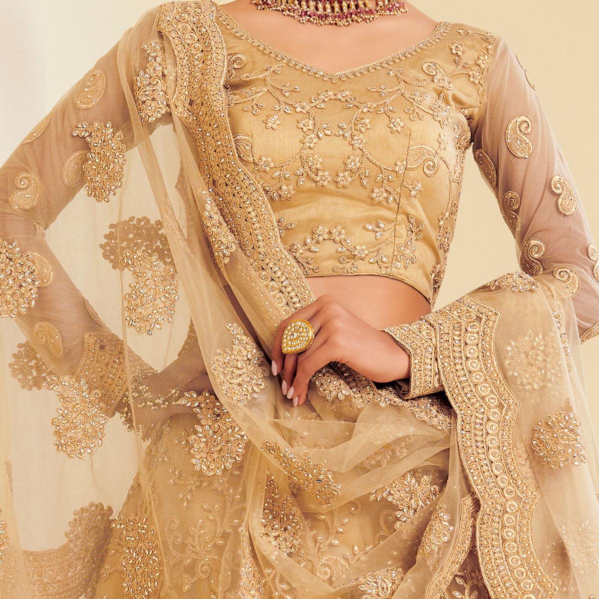 Arresting Golden Coloured Wedding Wear Cording Embroidered Net Lehenga Choli - Peachmode