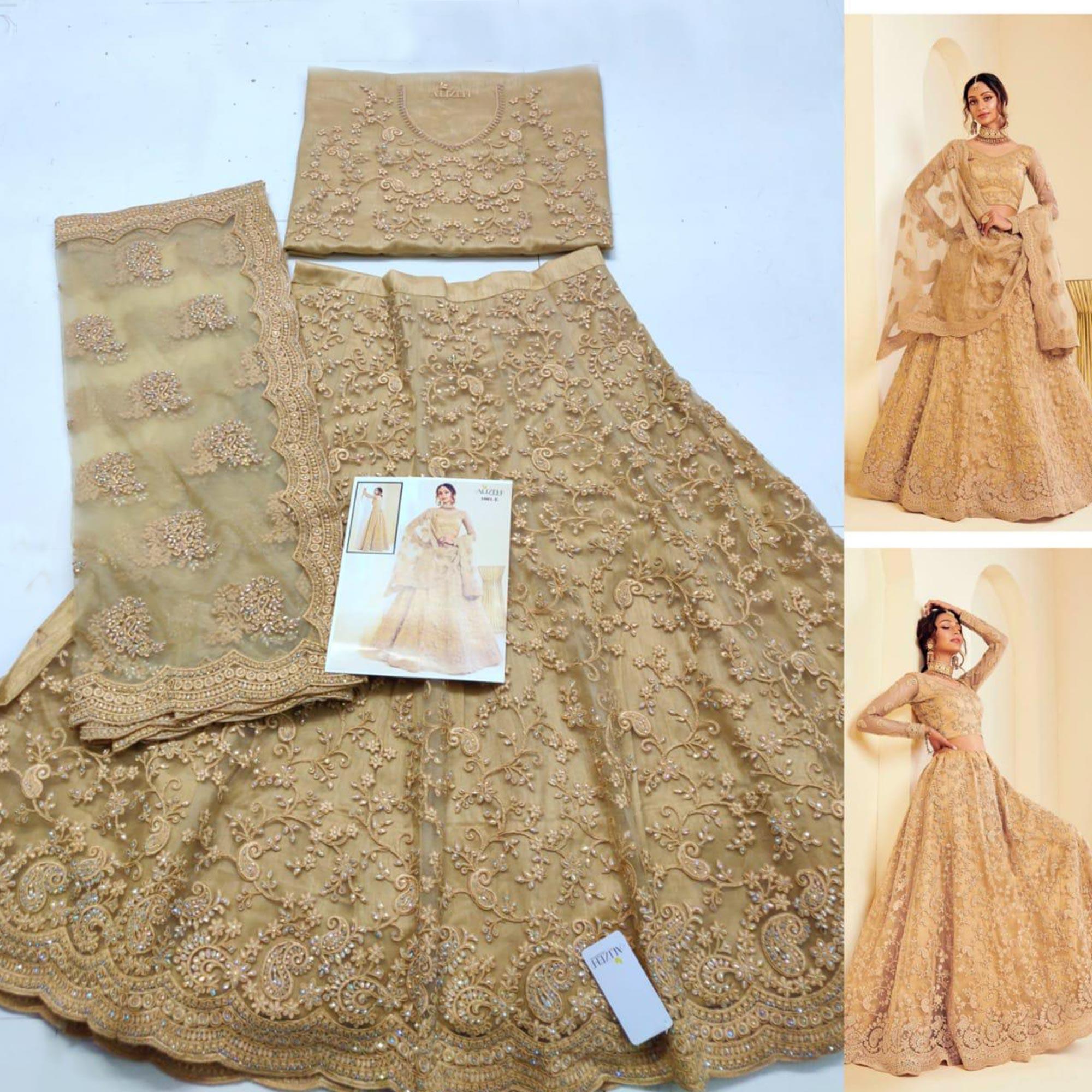 Arresting Golden Coloured Wedding Wear Cording Embroidered Net Lehenga Choli - Peachmode
