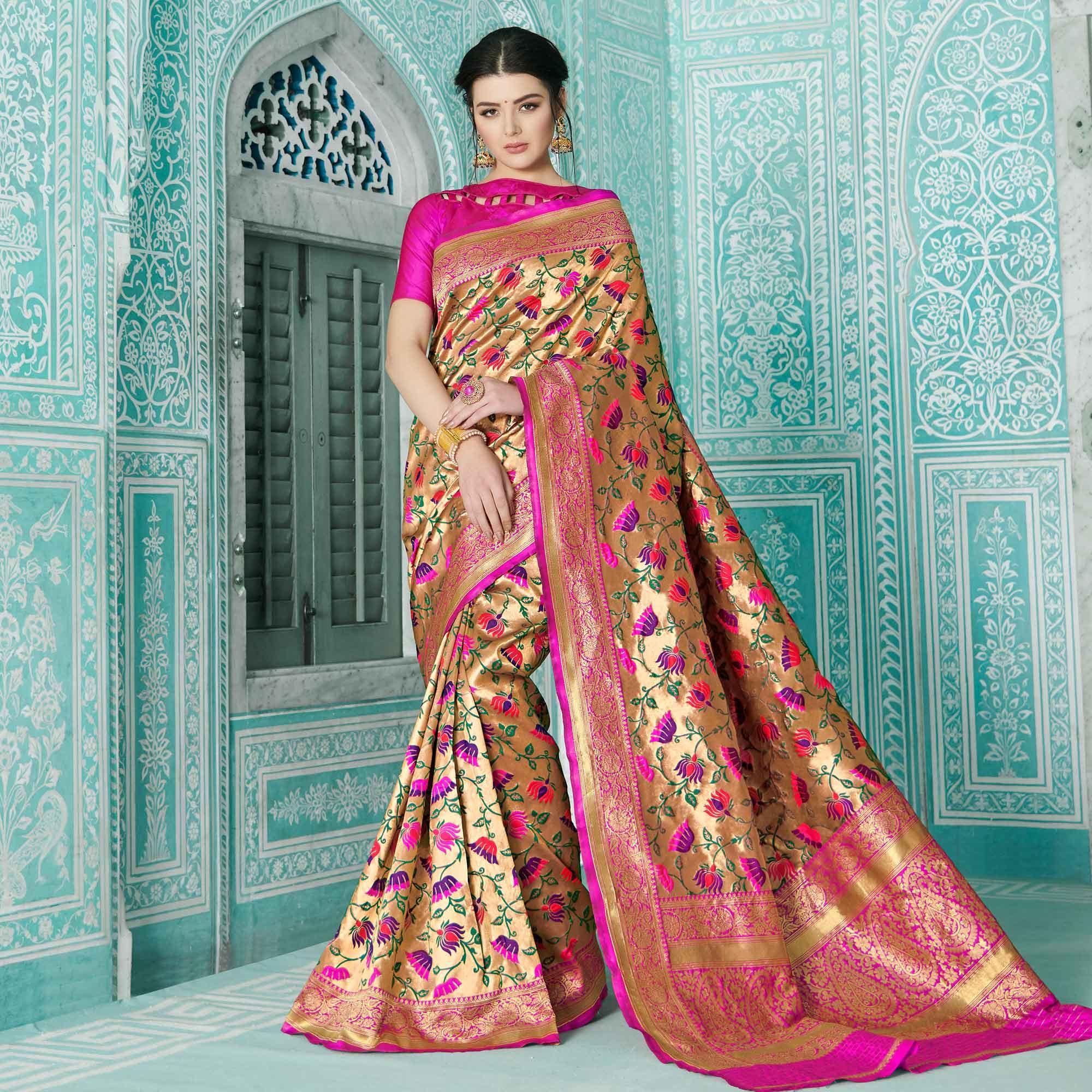 Arresting Golden-Pink Colored Festive Wear Woven Paithani Banarasi Silk Saree - Peachmode