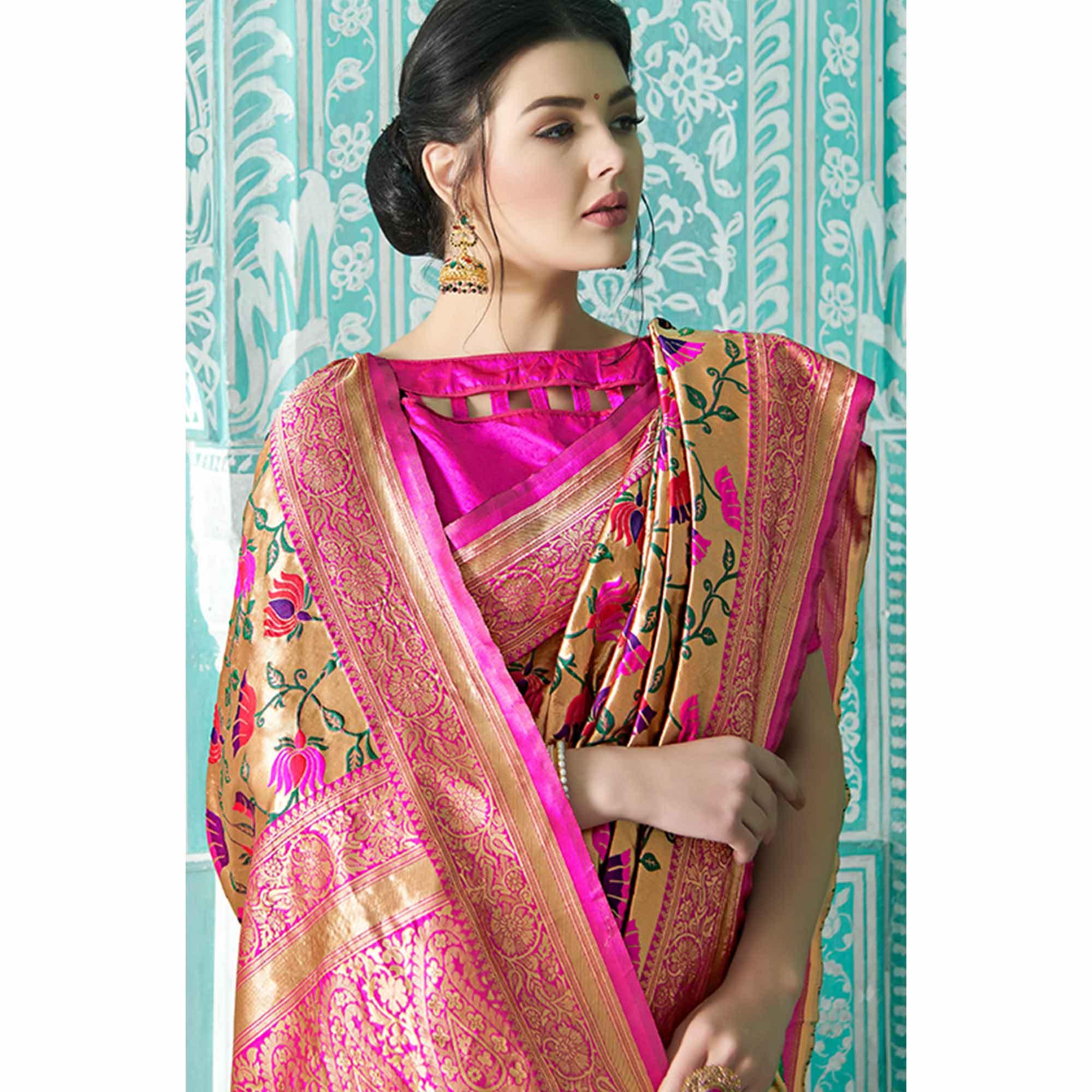 Arresting Golden-Pink Colored Festive Wear Woven Paithani Banarasi Silk Saree - Peachmode