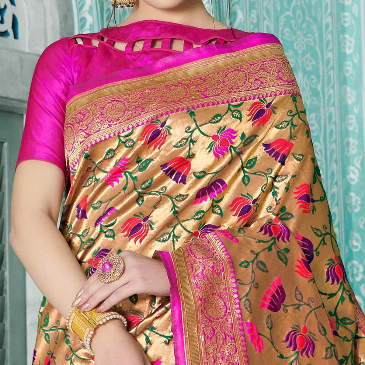 Arresting Golden-Pink Colored Festive Wear Woven Paithani Banarasi Silk Saree - Peachmode