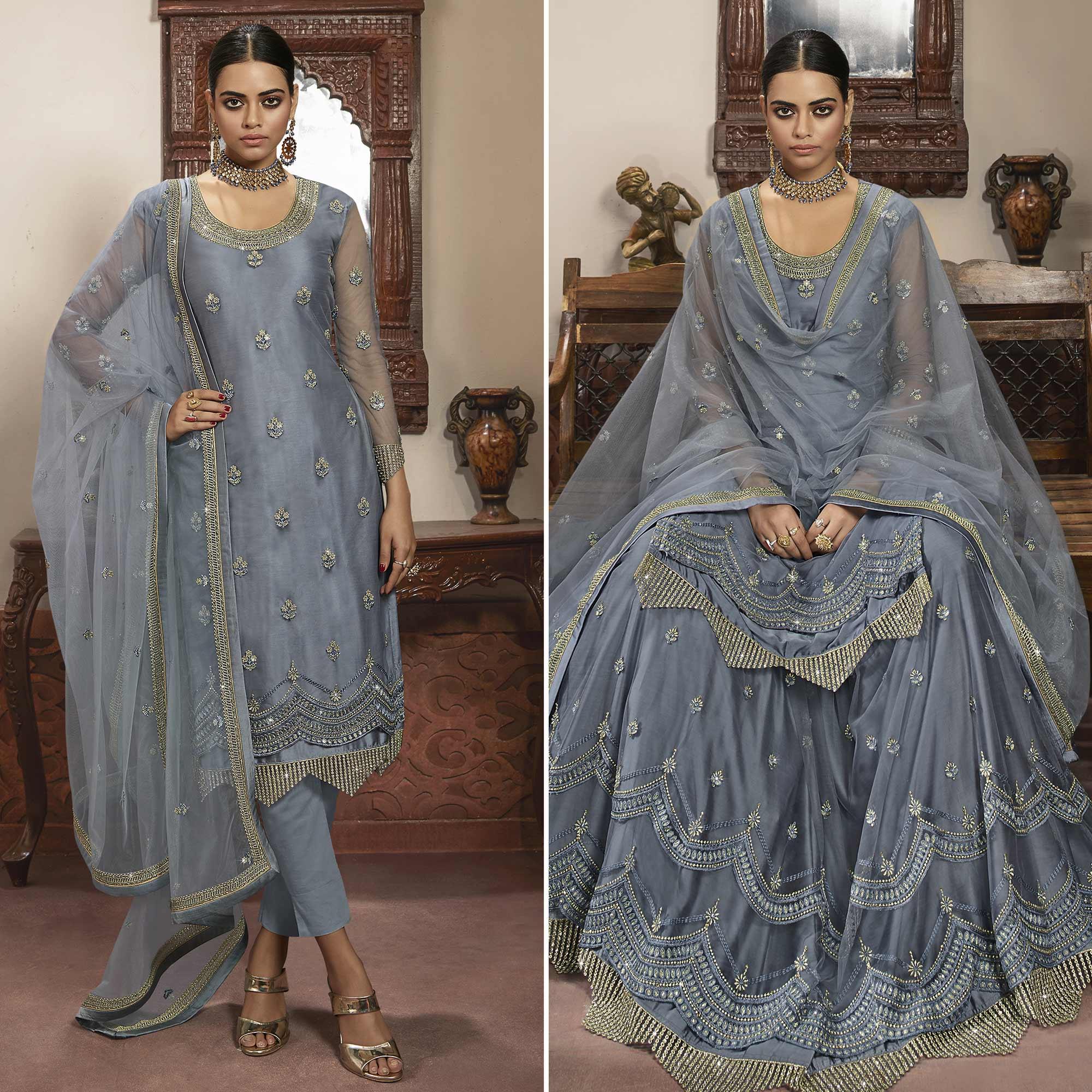 Arresting Gray Colored Partywear Embroidered Net Dual Bottom Suit - Peachmode