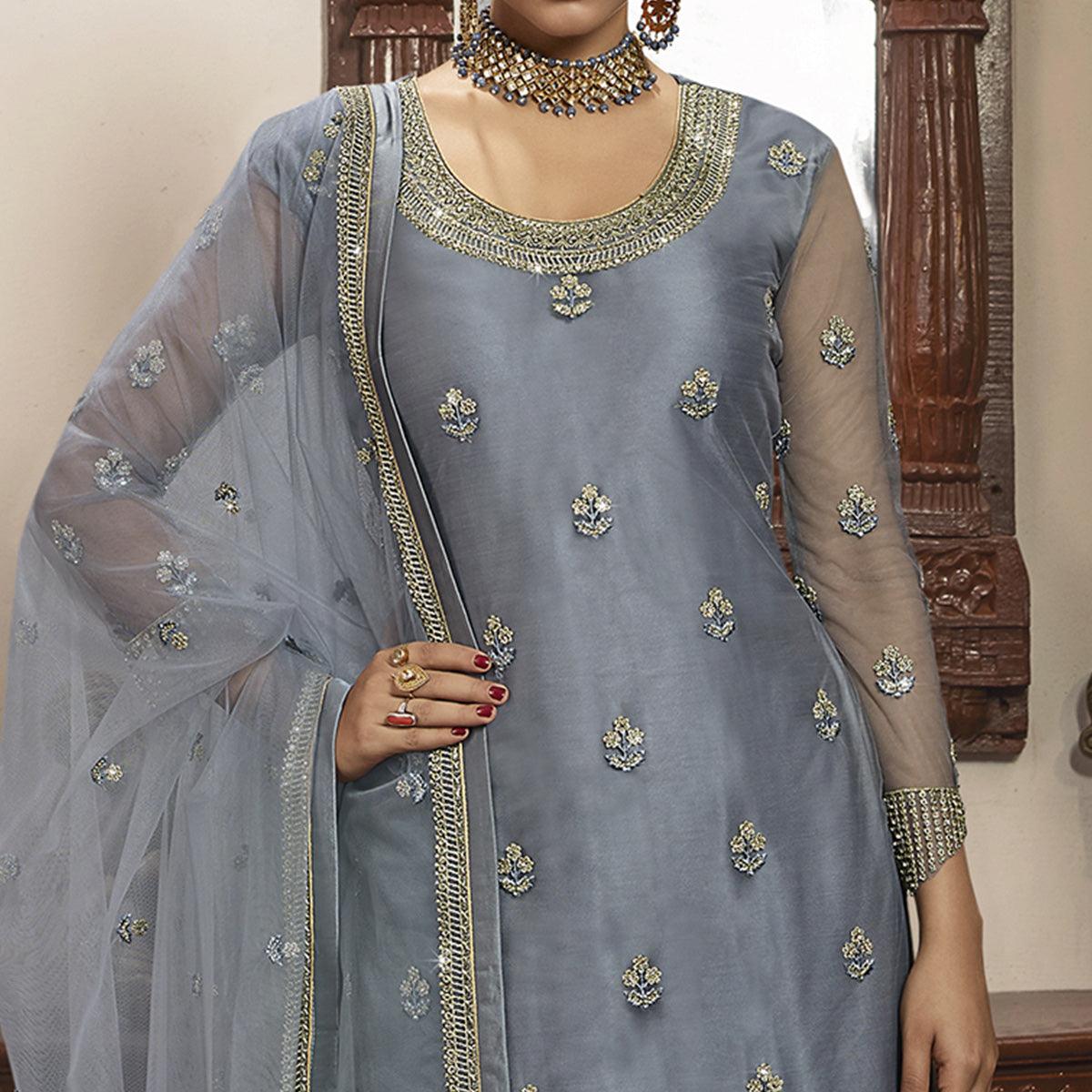 Arresting Gray Colored Partywear Embroidered Net Dual Bottom Suit - Peachmode