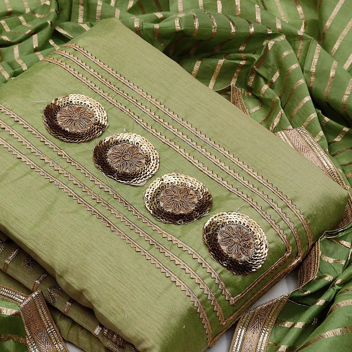 Arresting Green Colored Casual Embroidered Modal Chanderi Dress Material - Peachmode