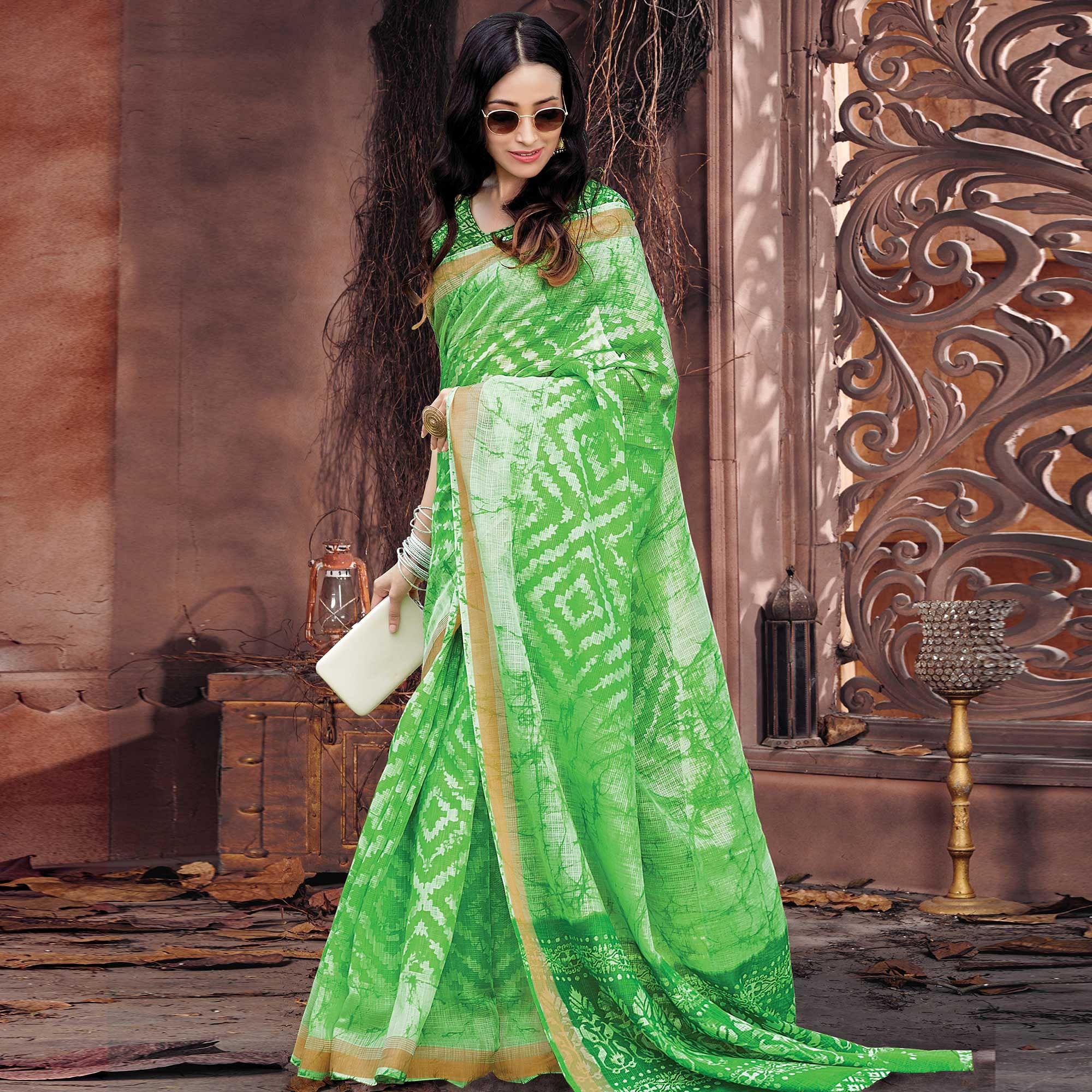 Arresting Green Colored Casual Wear Printed Cotton Saree - Peachmode
