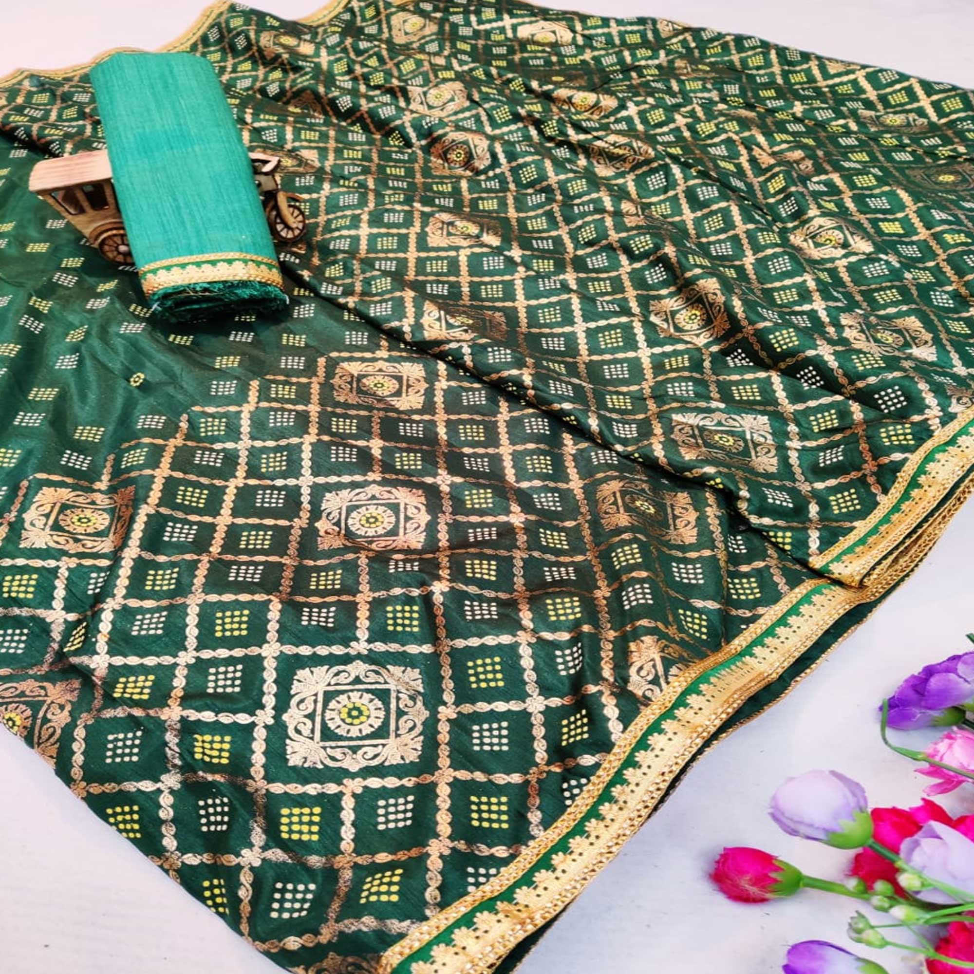 Arresting Green Colored Festive Wear Foil Printed Dola Silk Saree - Peachmode