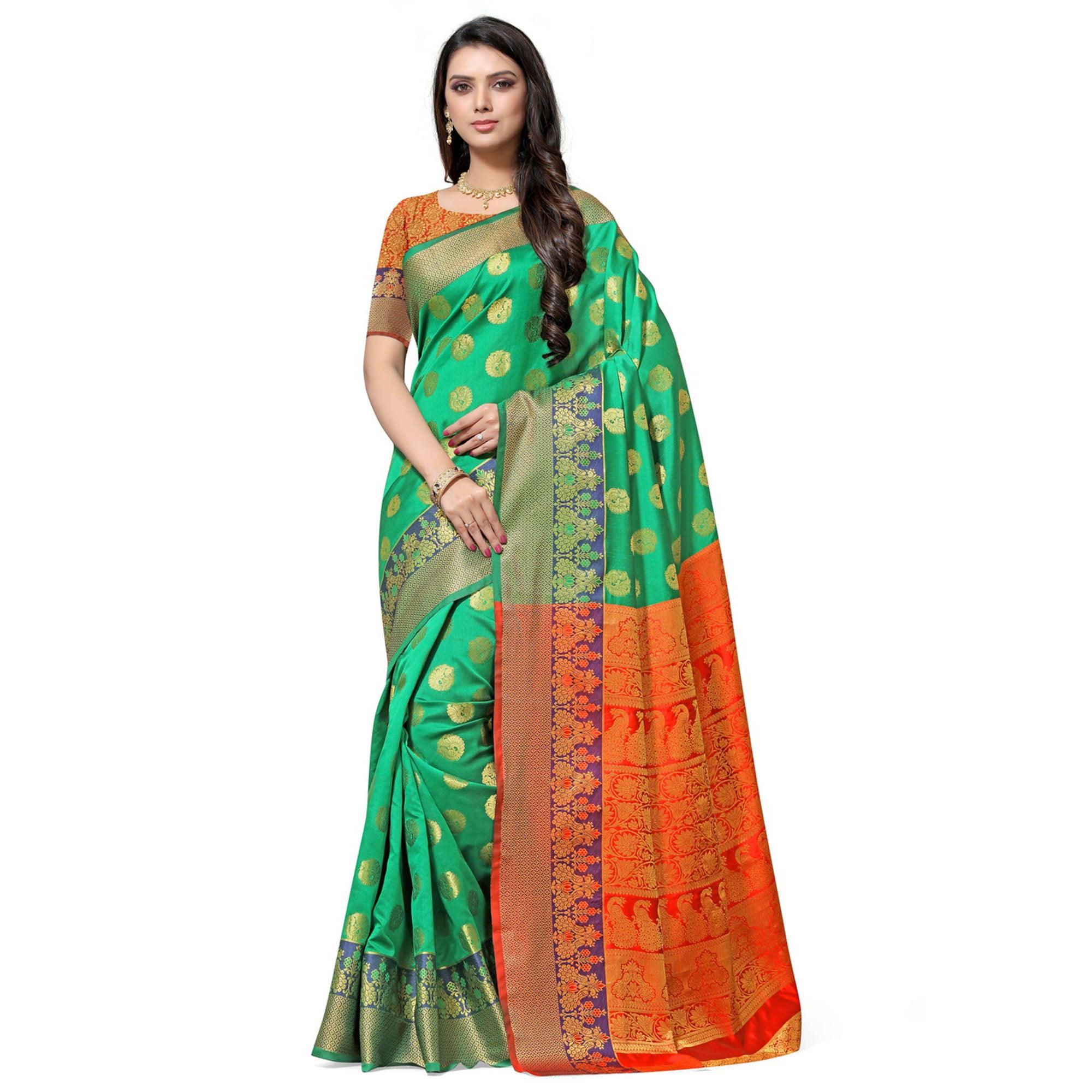 Arresting Green Colored Festive Wear Woven Kota Art Silk Banarasi Saree - Peachmode