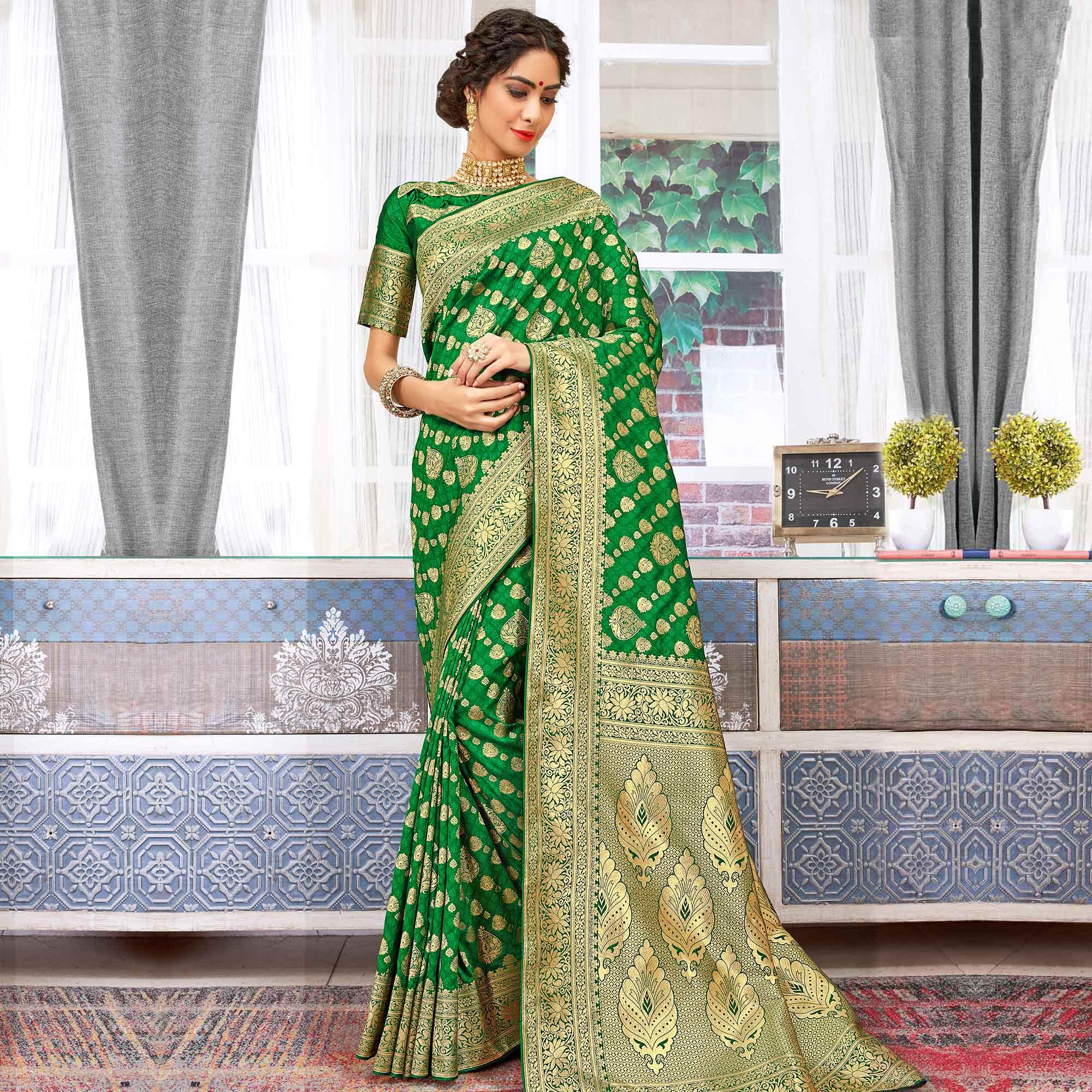 Arresting Green Colored Festive Wear Woven Silk Saree - Peachmode