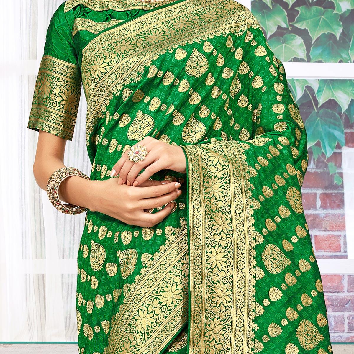 Arresting Green Colored Festive Wear Woven Silk Saree - Peachmode