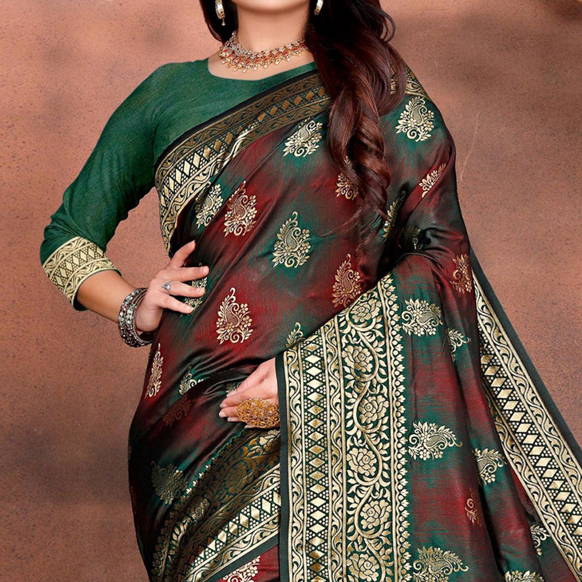 Arresting Green Colored Festive Wear Woven Silk Saree - Peachmode