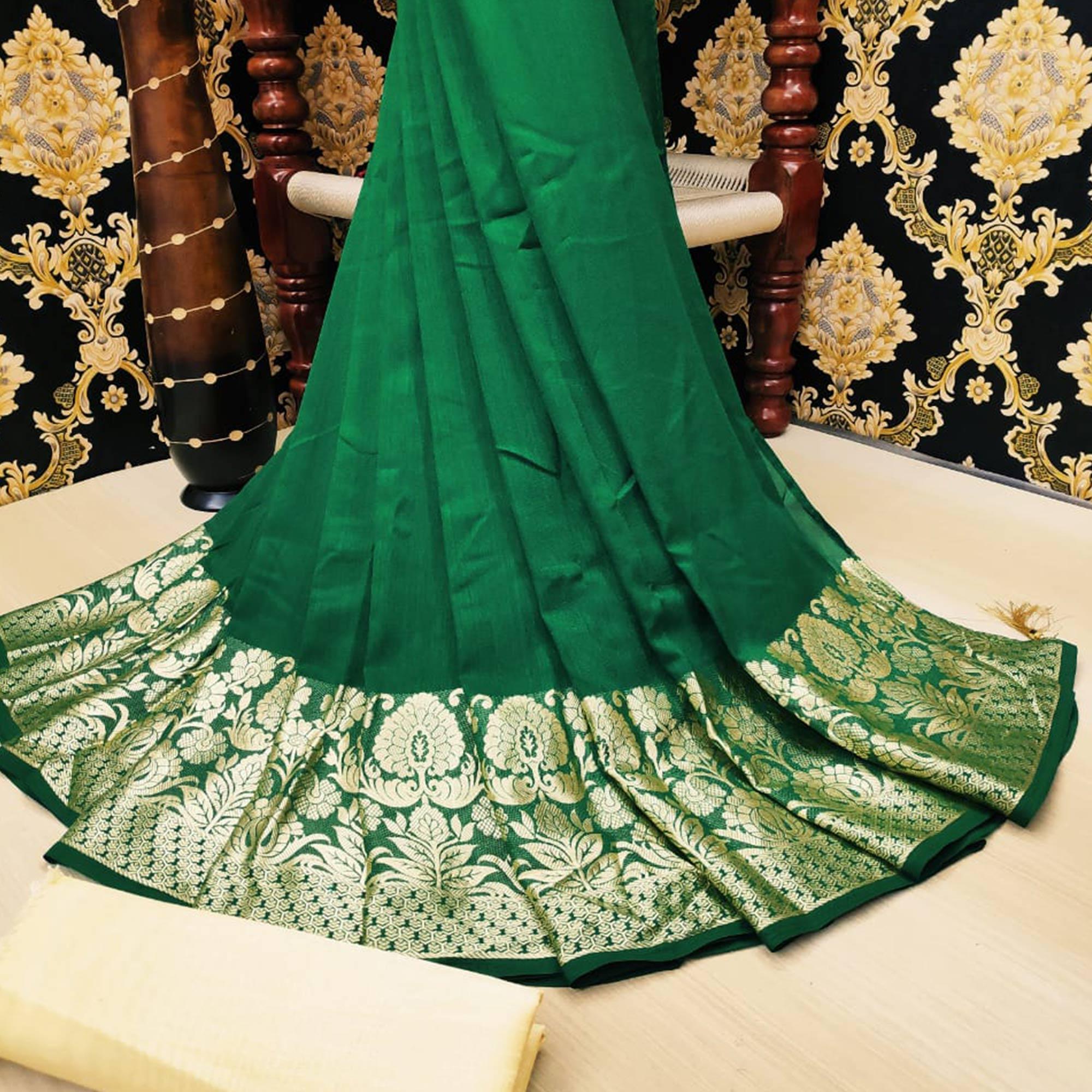 Arresting Green Colored Festive Wear Woven Vichitra Silk Saree - Peachmode