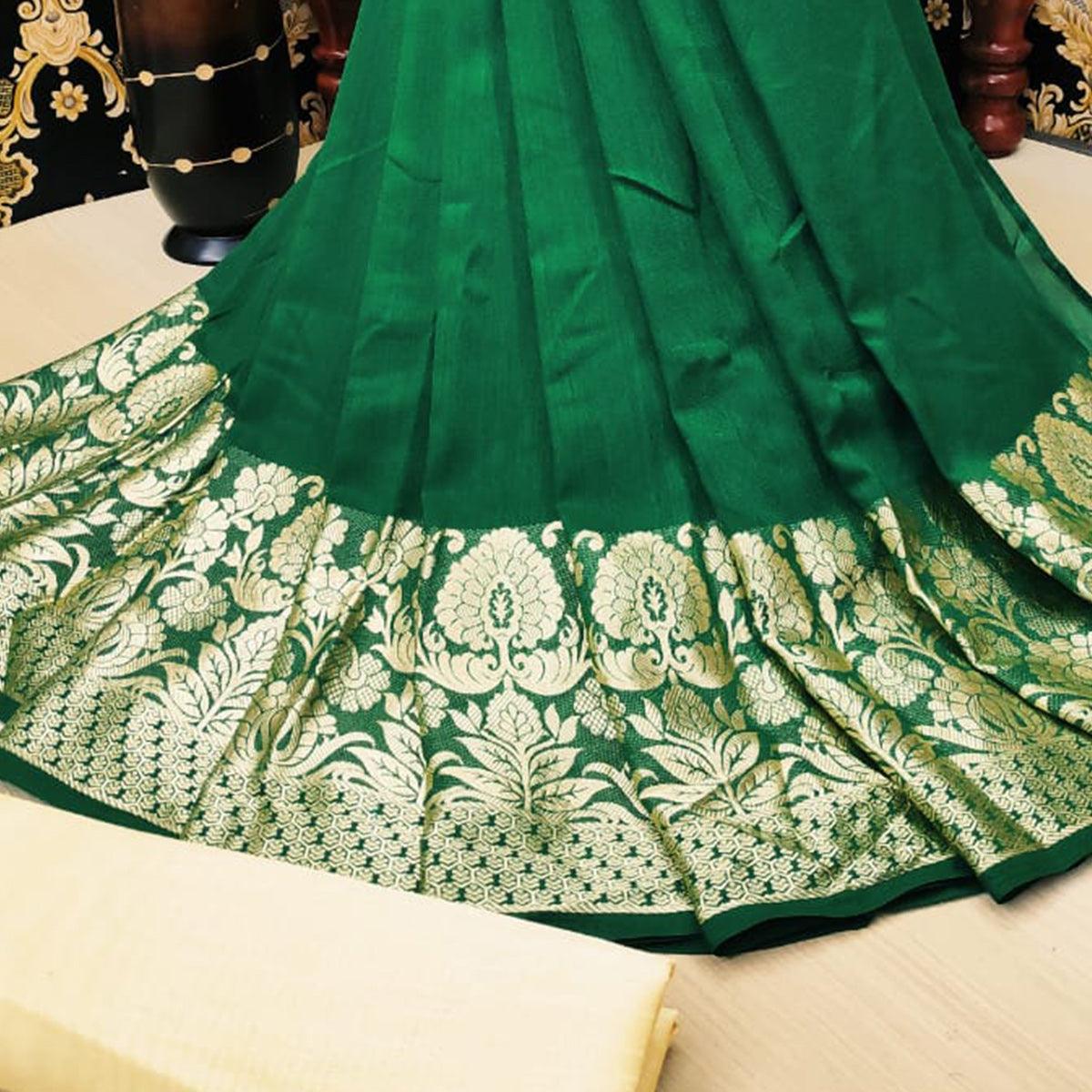 Arresting Green Colored Festive Wear Woven Vichitra Silk Saree - Peachmode