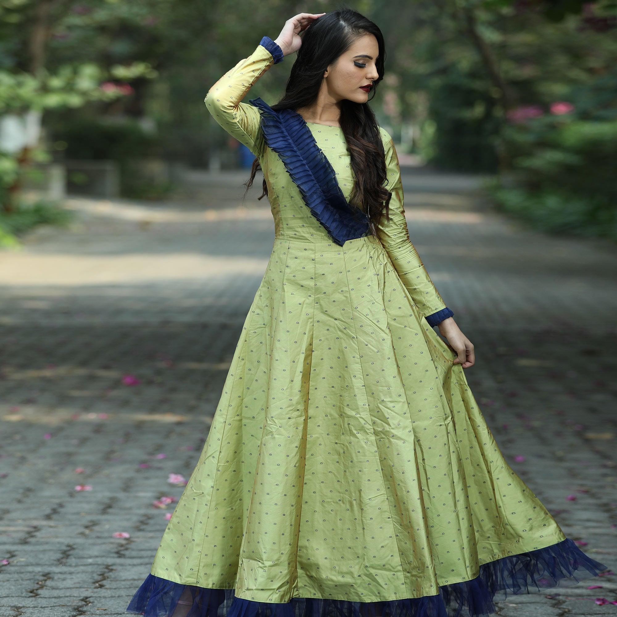 Arresting Green Colored Partywear Tapetta Gown - Peachmode