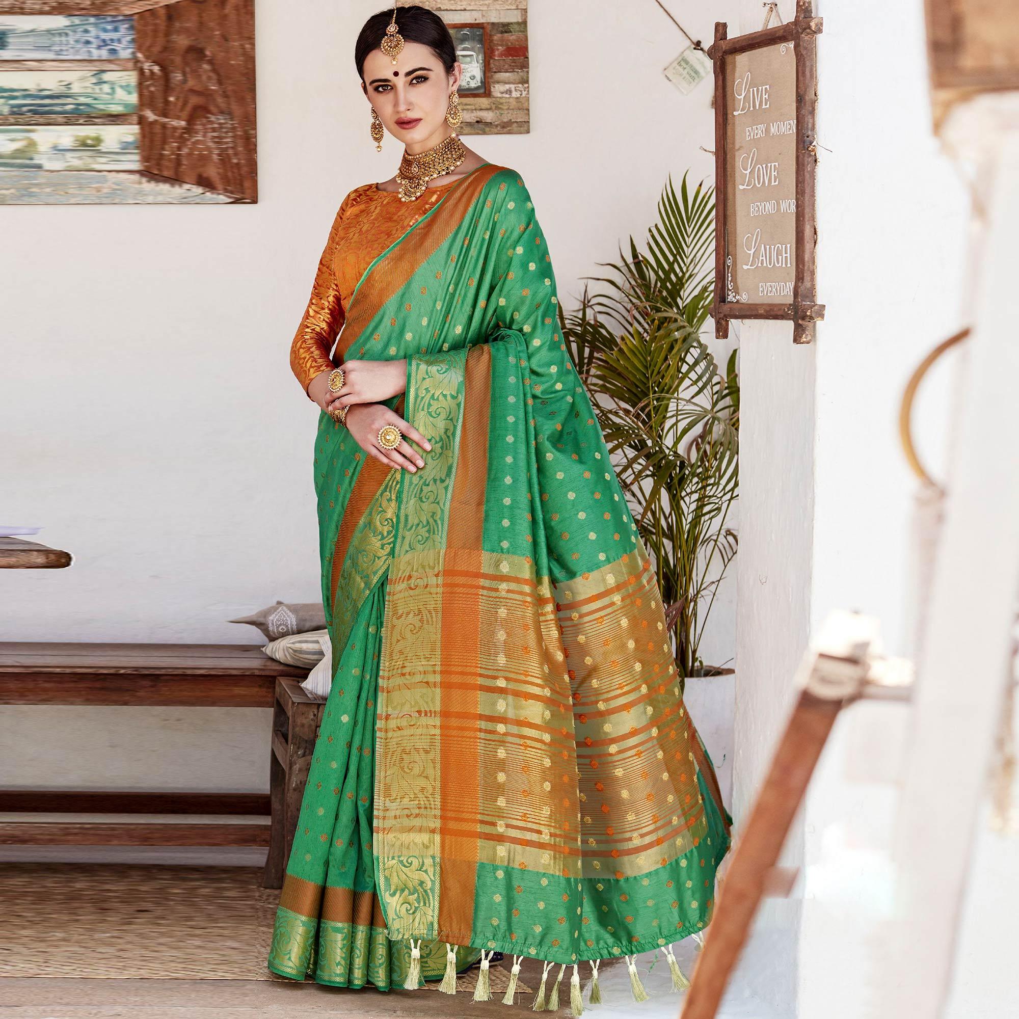 Arresting Green Colored Wedding Wear Woven Cotton Silk Saree - Peachmode