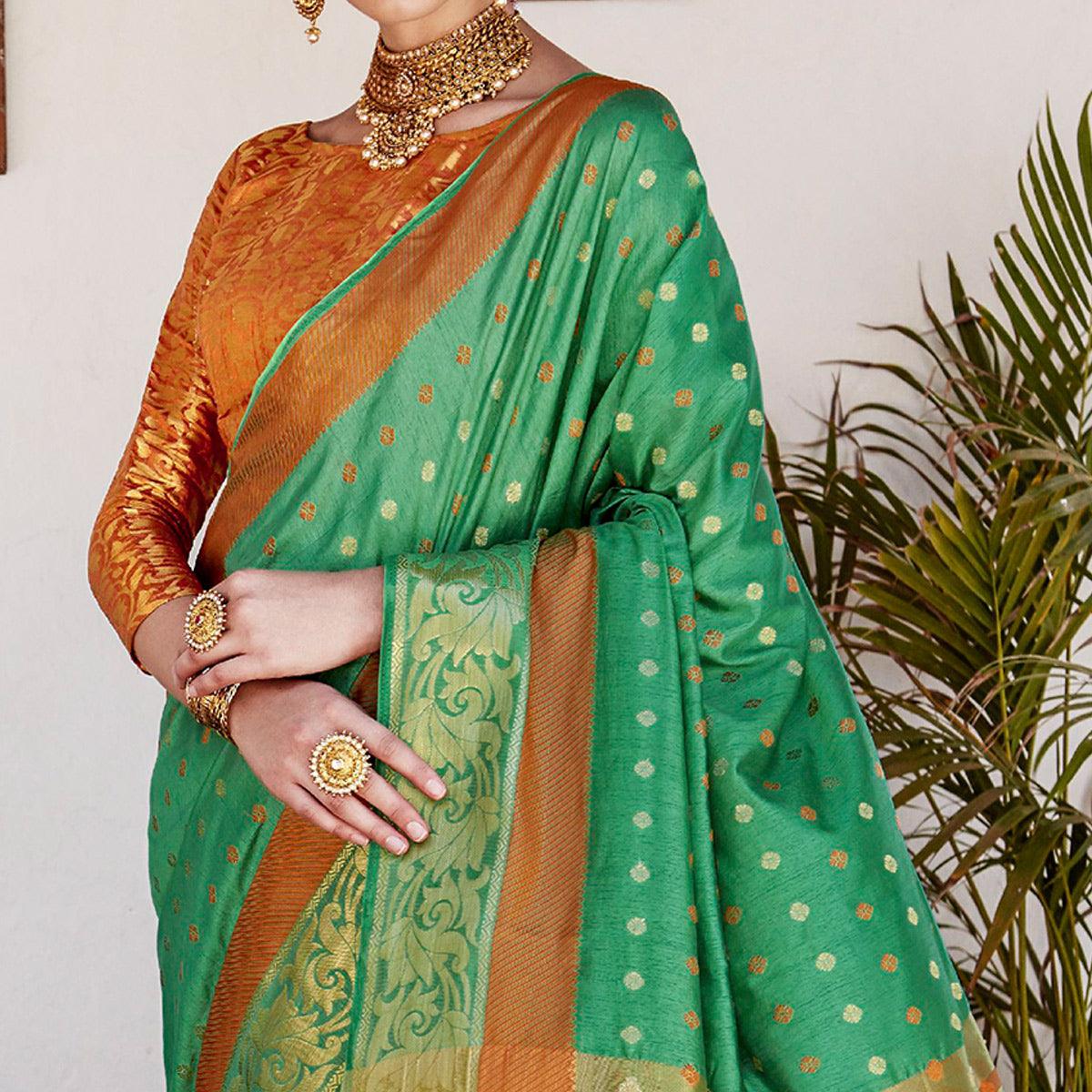 Arresting Green Colored Wedding Wear Woven Cotton Silk Saree - Peachmode