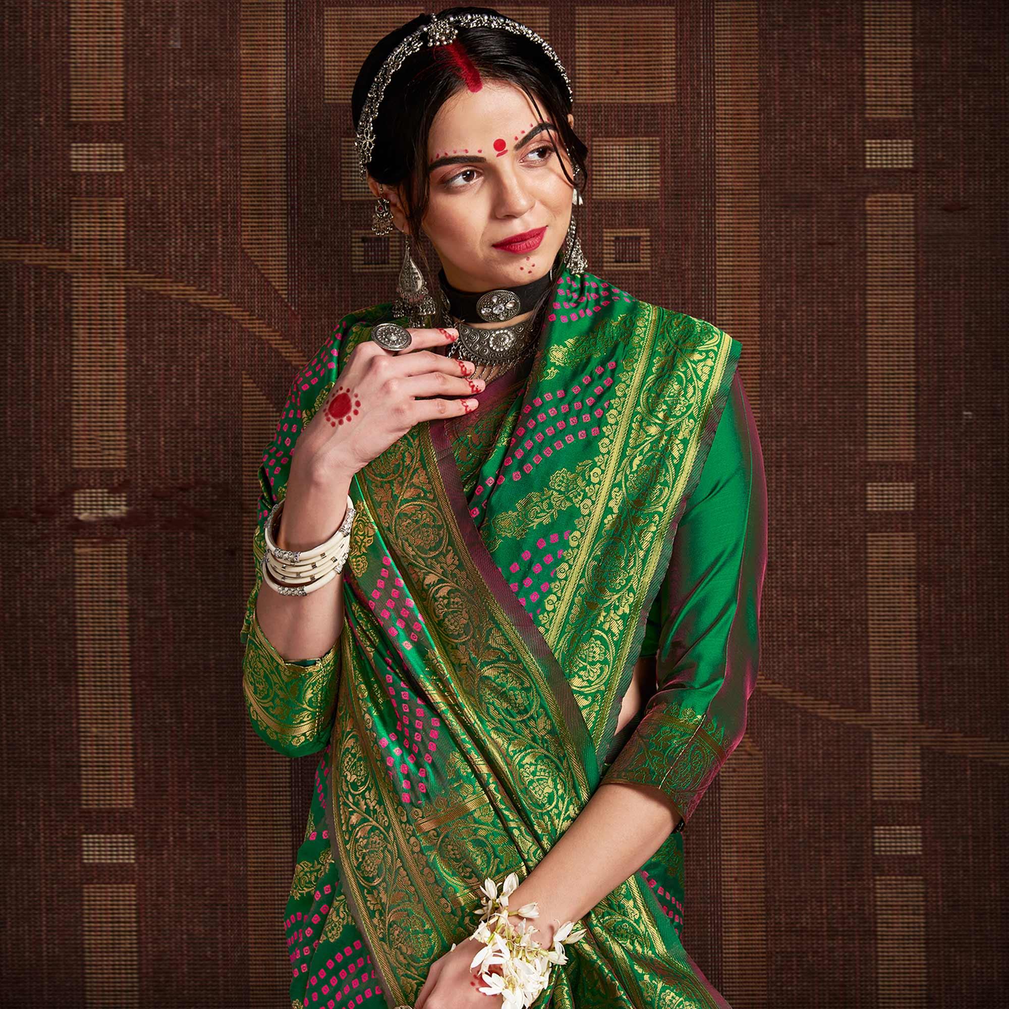 Arresting Green Coloured Designer Party Wear Silk Saree - Peachmode