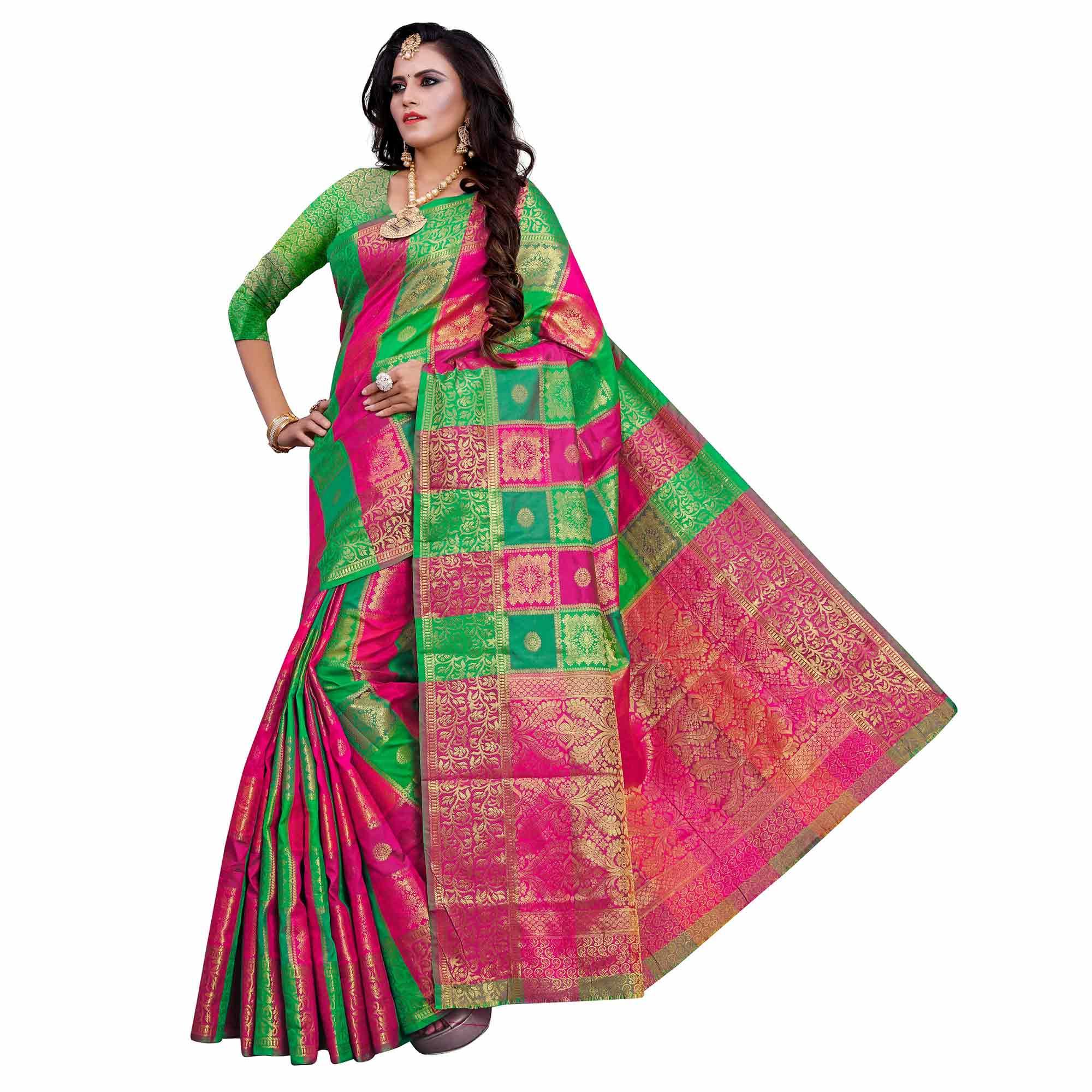 Arresting Green-Multi Colored Festive Wear Woven Work Art Silk Saree - Peachmode