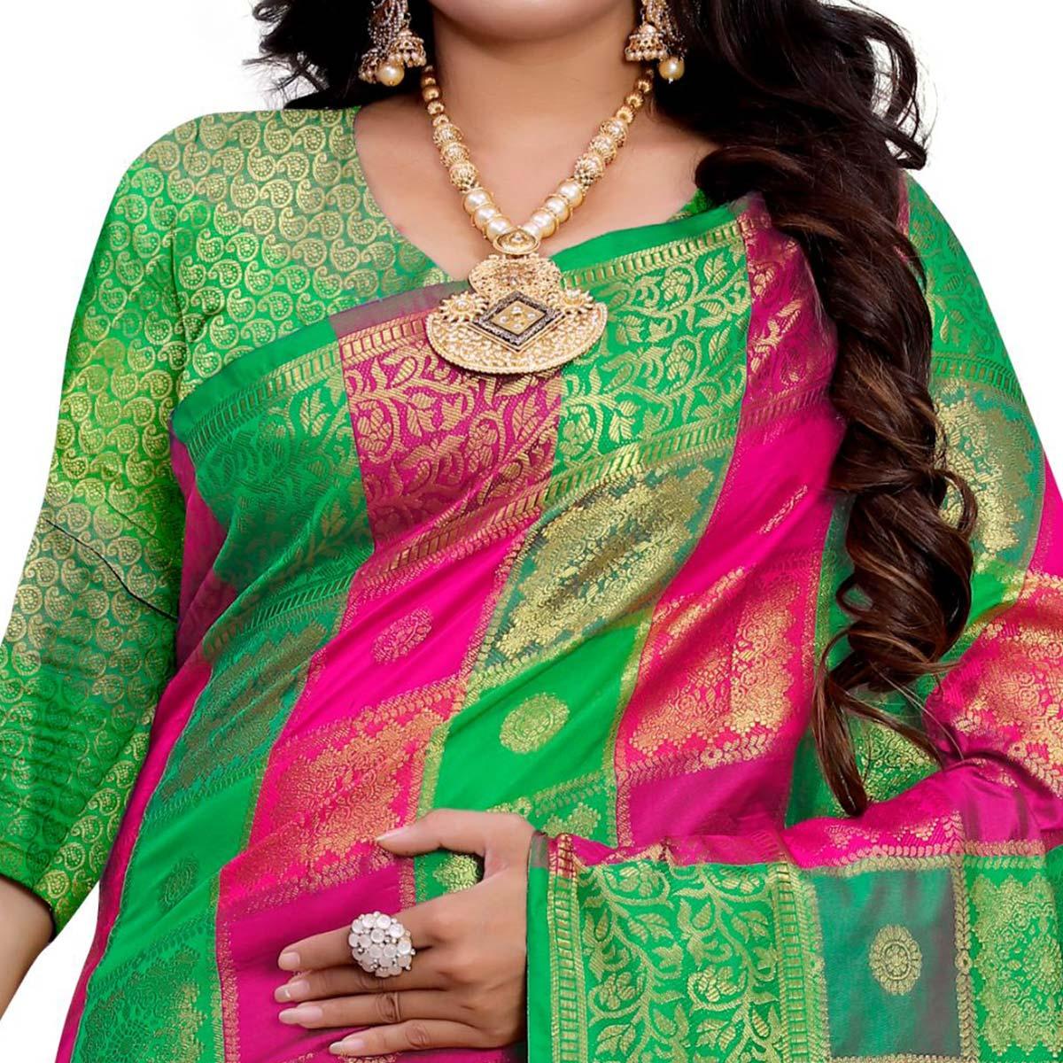 Arresting Green-Multi Colored Festive Wear Woven Work Art Silk Saree - Peachmode