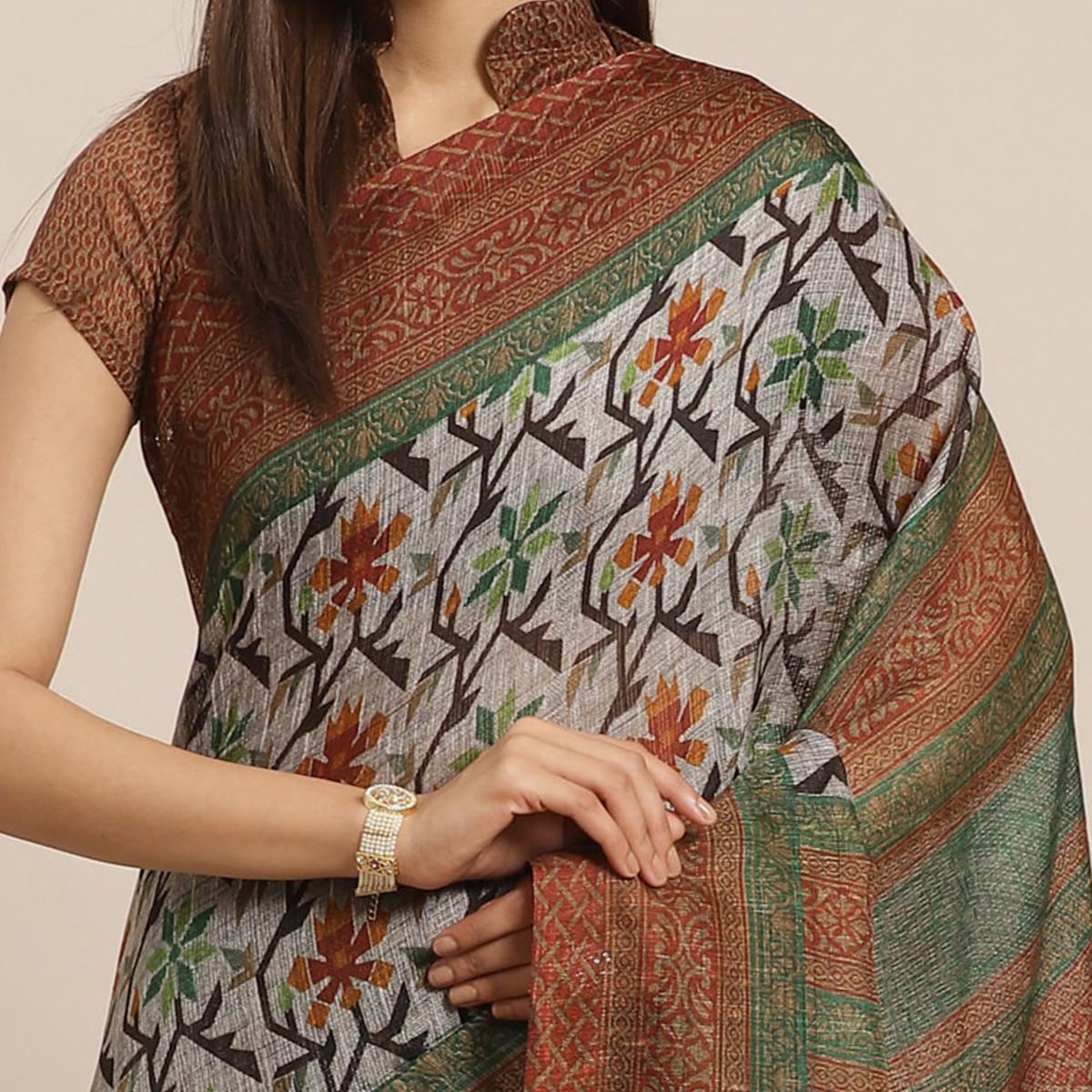 Arresting Grey - Brown Colored Casual Wear Printed Silk blend Saree - Peachmode