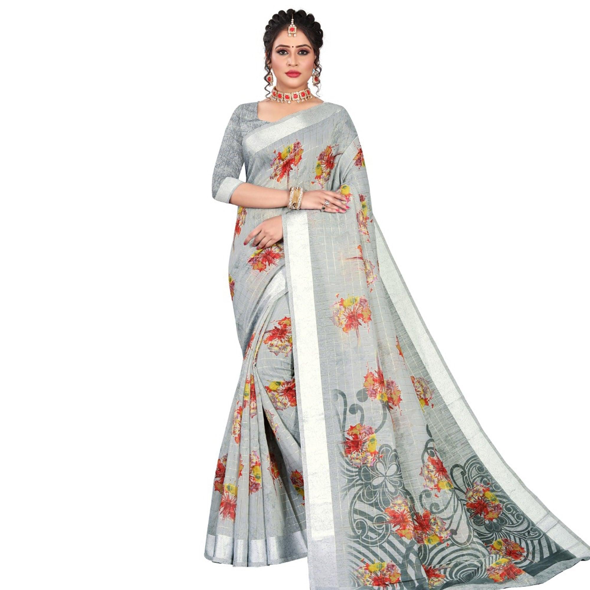 Arresting Grey Colored Casual Wear Printed Cotton Saree - Peachmode