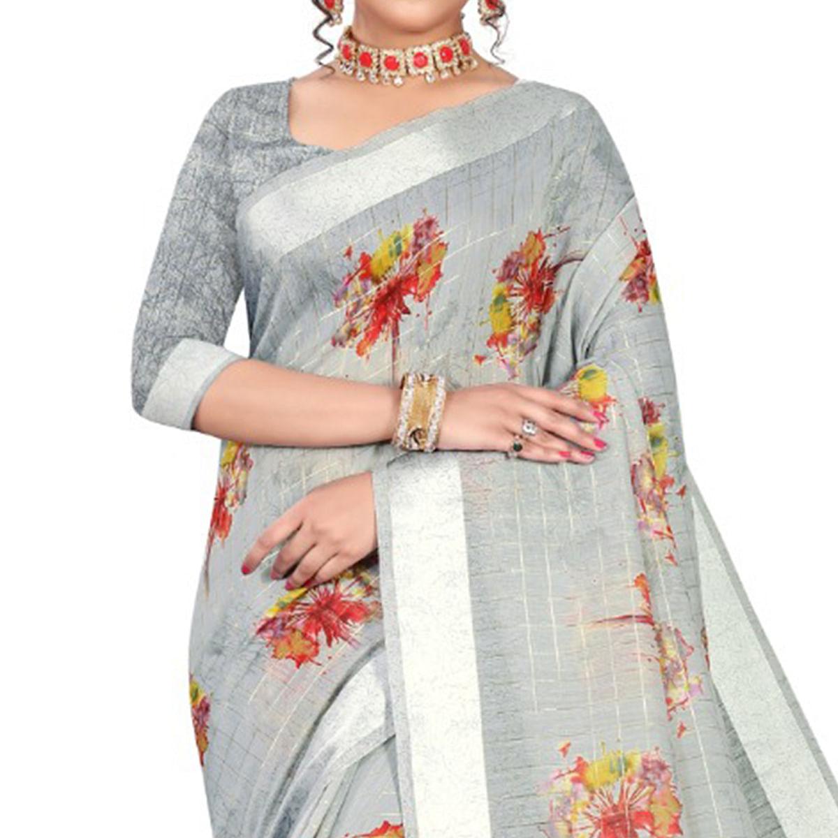 Arresting Grey Colored Casual Wear Printed Cotton Saree - Peachmode