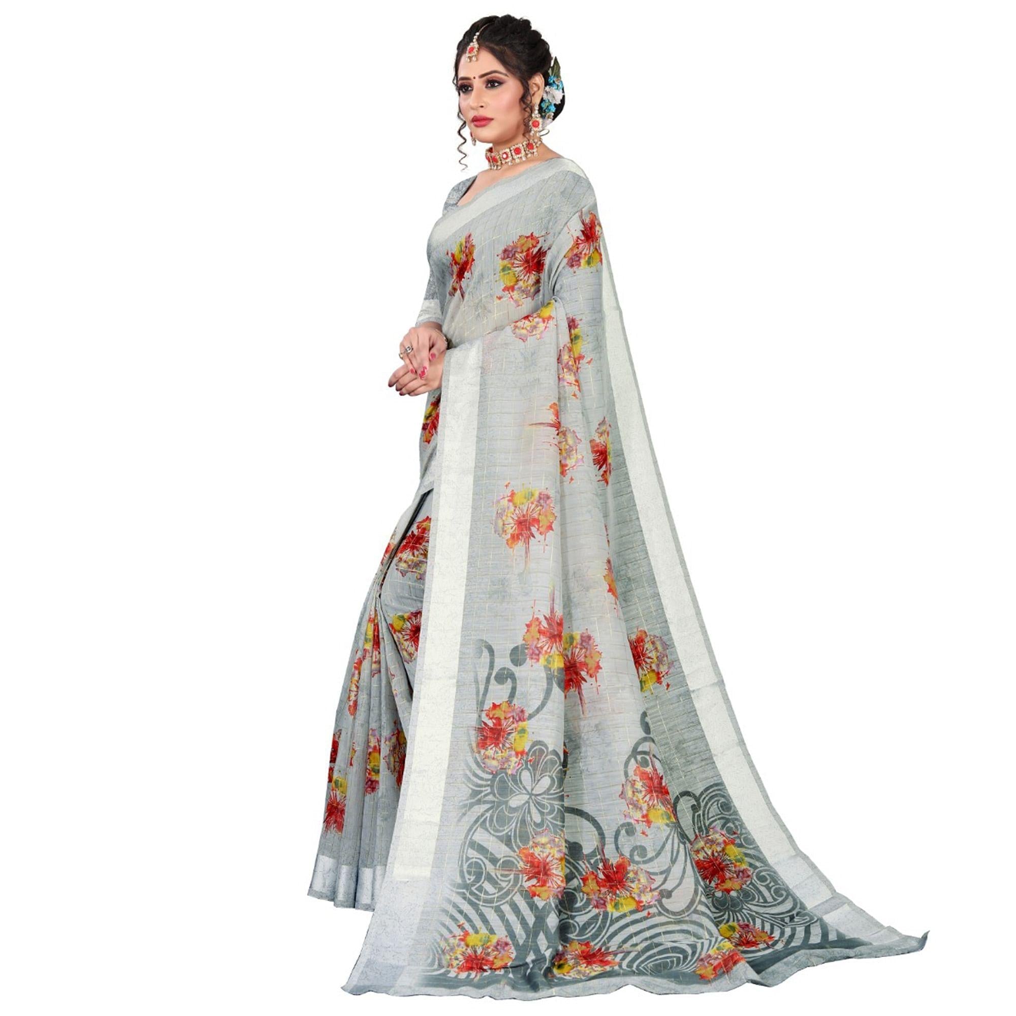Arresting Grey Colored Casual Wear Printed Cotton Saree - Peachmode