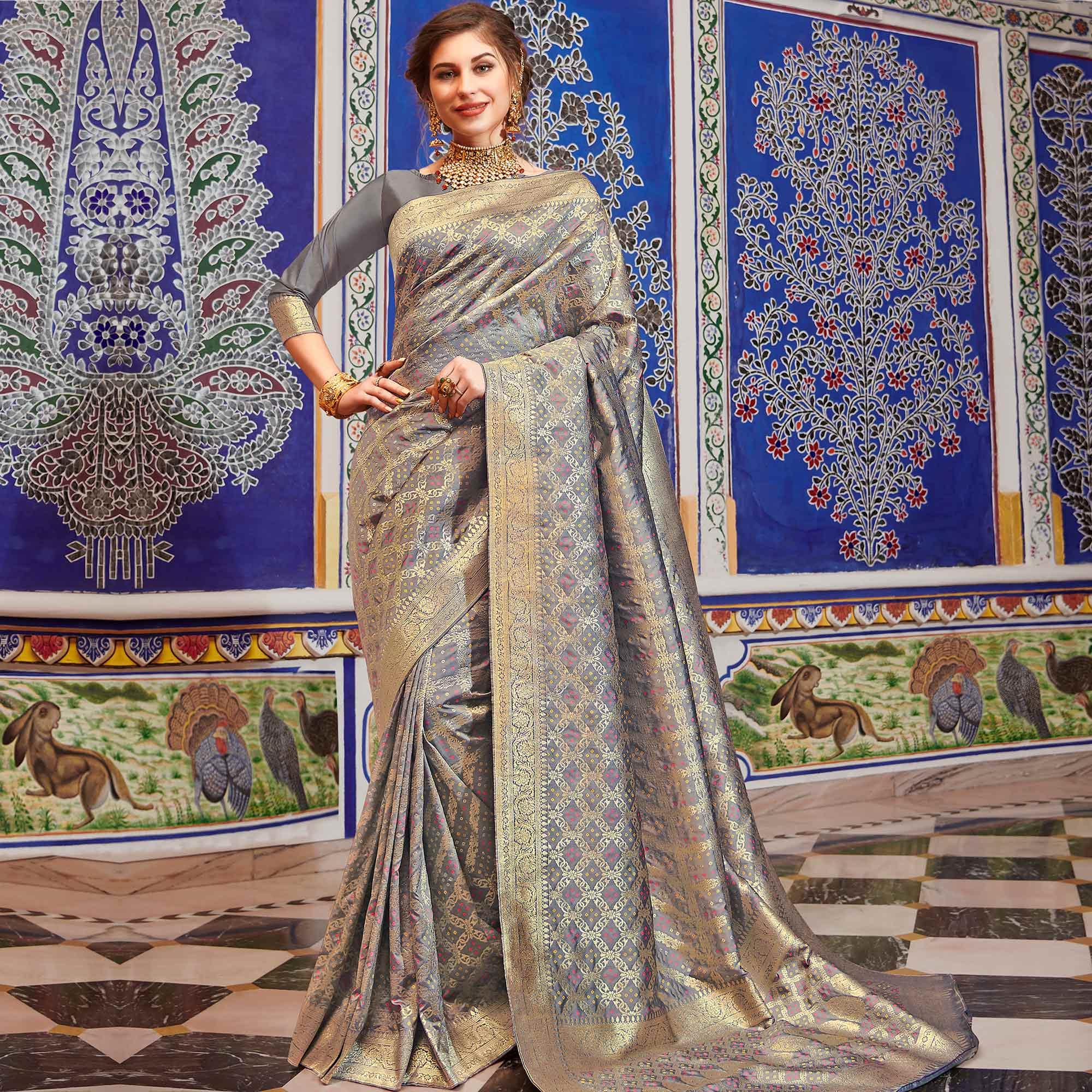 Arresting Grey Colored Festive Wear Woven Handloom Silk Saree - Peachmode