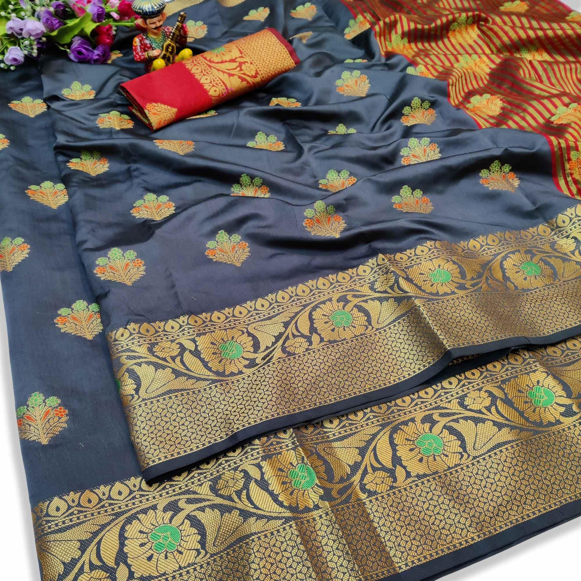 Arresting Grey Colored Festive Wear Woven Lichi Silk Saree - Peachmode