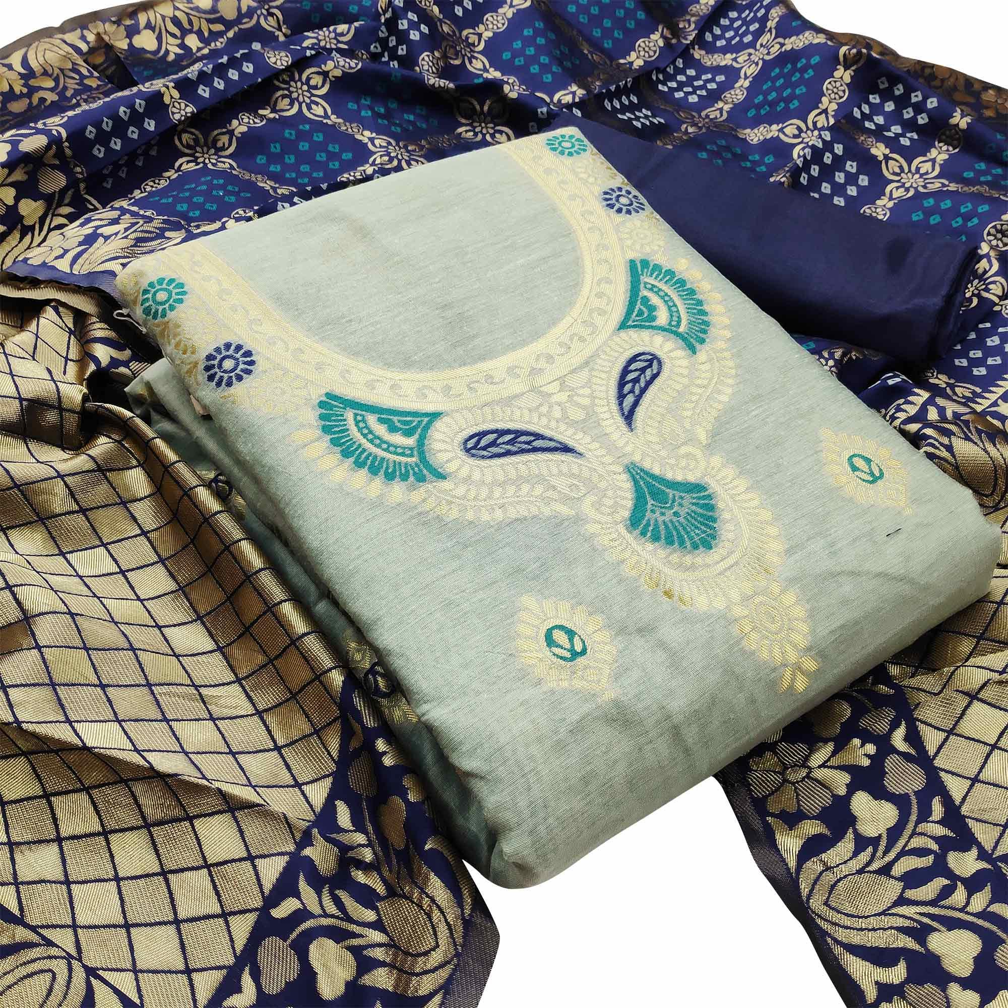 Arresting Light Blue Colored Festive Wear Woven Banarasi Silk Dress Material - Peachmode