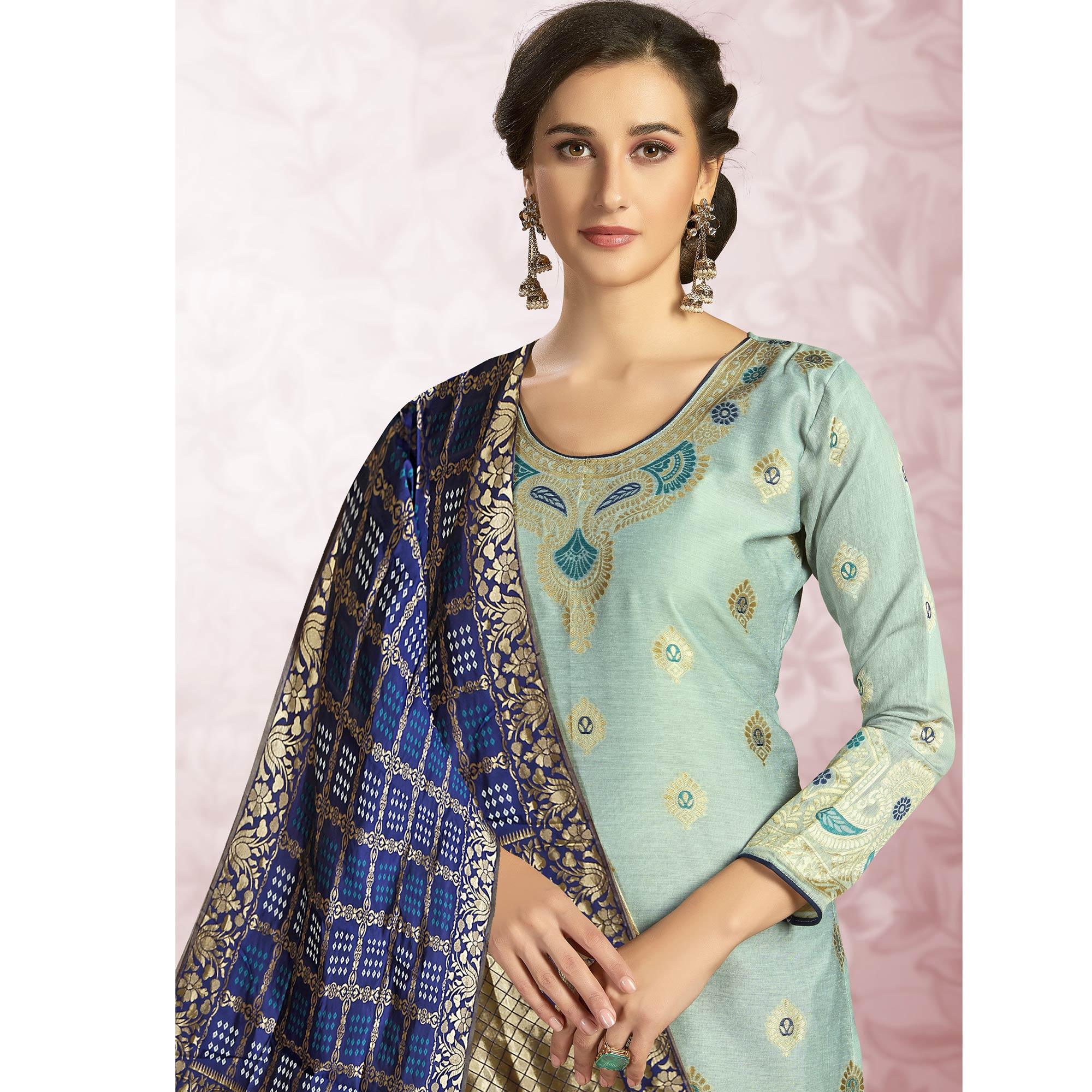 Arresting Light Blue Colored Festive Wear Woven Banarasi Silk Dress Material - Peachmode