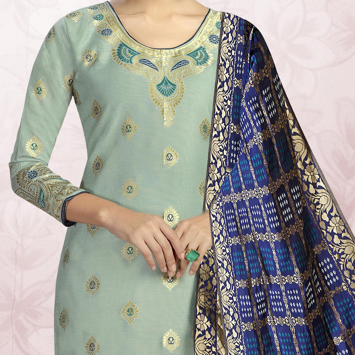 Arresting Light Blue Colored Festive Wear Woven Banarasi Silk Dress Material - Peachmode