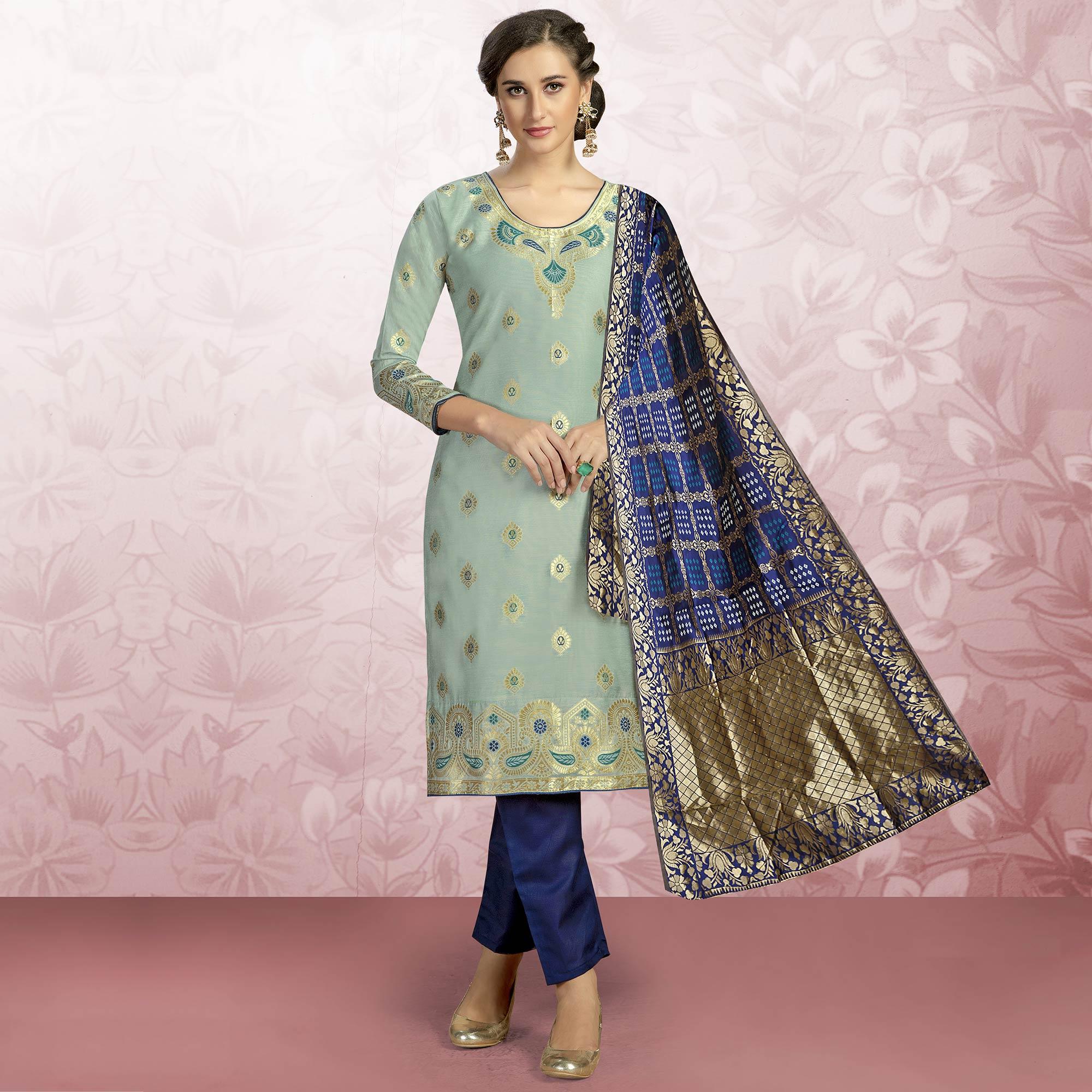 Arresting Light Blue Colored Festive Wear Woven Banarasi Silk Dress Material - Peachmode