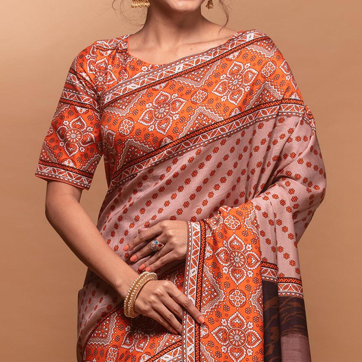 Arresting Light Peach Colored Festive Wear Laser Printed Silk Saree - Peachmode