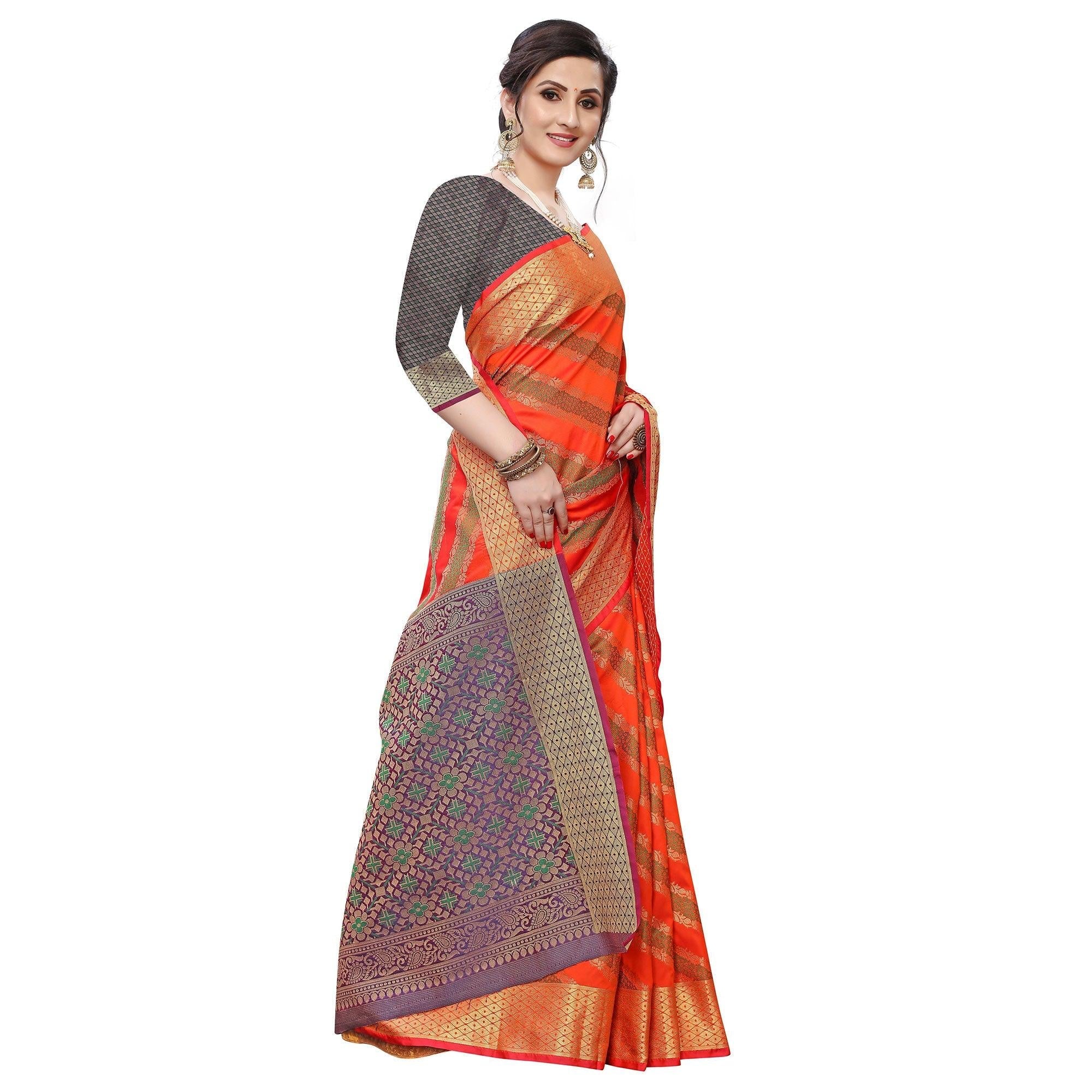Arresting Light Red Colored Festive Wear Woven Kanjivaram Silk Saree - Peachmode