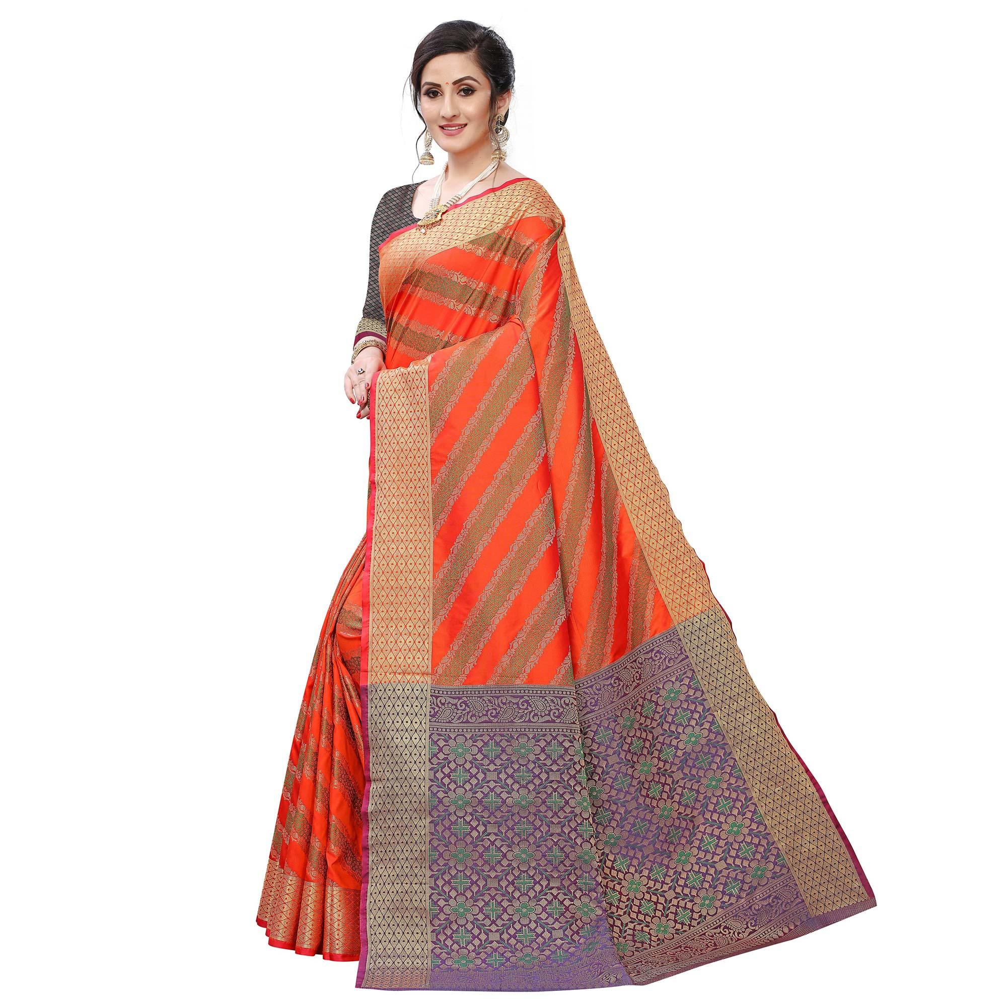 Arresting Light Red Colored Festive Wear Woven Kanjivaram Silk Saree - Peachmode