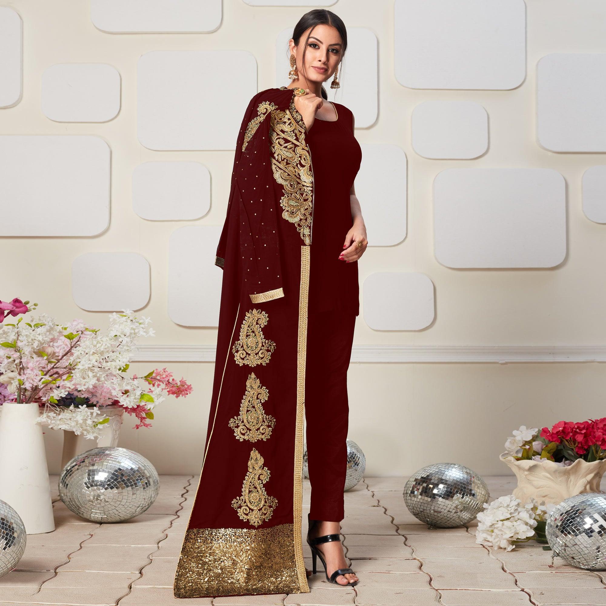 Arresting Maroon Colored Party Wear Embroidered Georgette Pant Style Suit - Peachmode